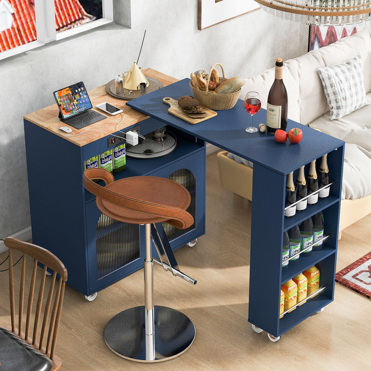 variant-group:rf-n707wf316018aan|Roomfitters Rolling Kitchen Island with Extended Table, LED Lights, Power Outlets, Navy Blue