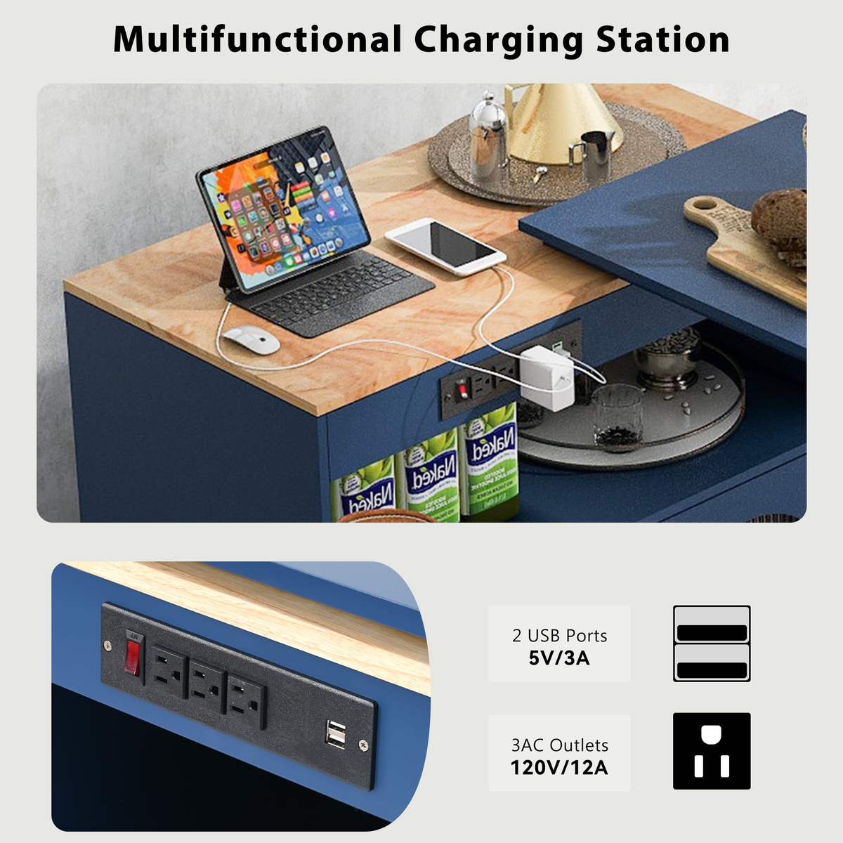 variant-group:rf-n707wf316018aan|Roomfitters Rolling Kitchen Island with Extended Table, LED Lights, Power Outlets, Navy Blue