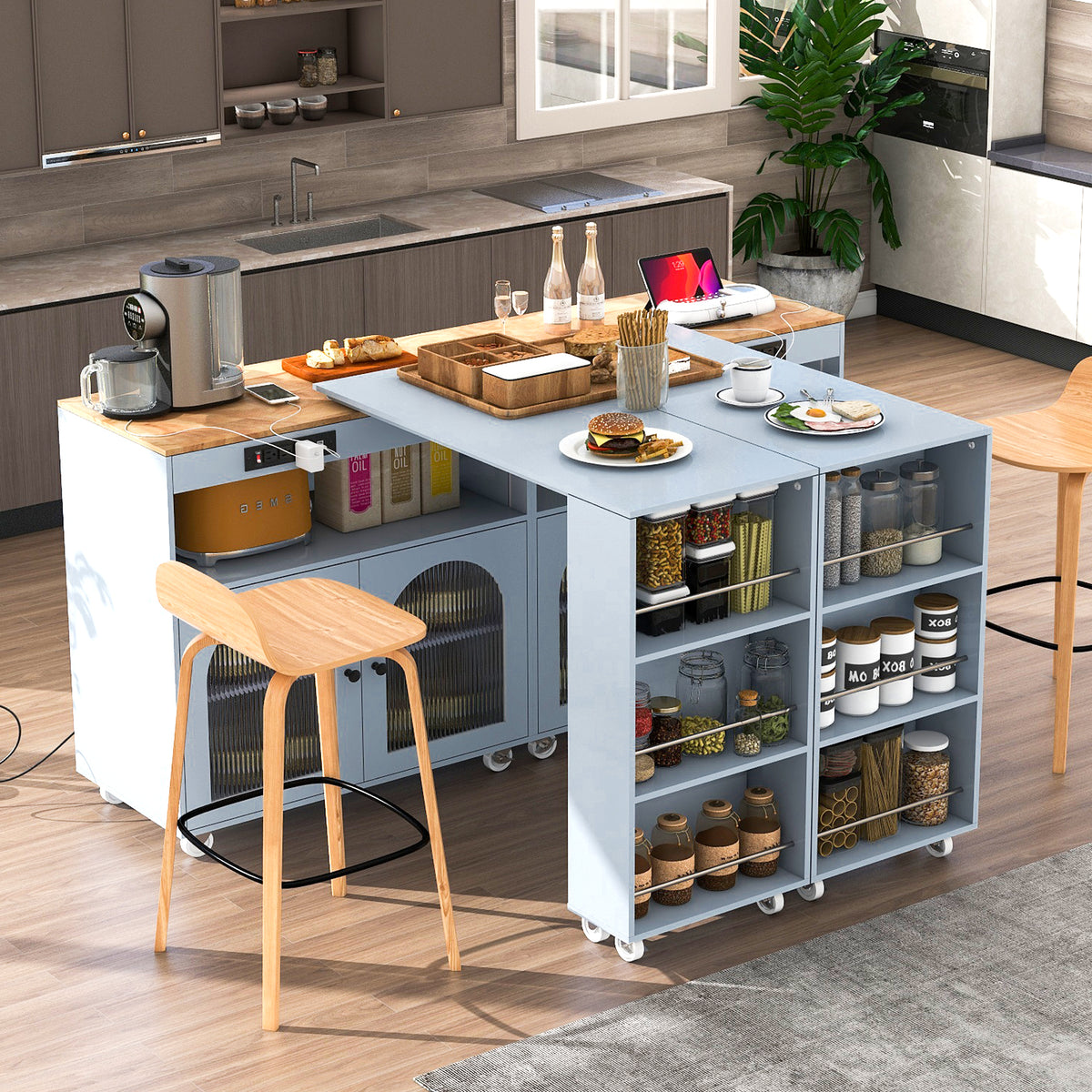 variant-group:rf-n707wf316018aag|Roomfitters Rolling Kitchen Island with Extended Table, LED Lights, Power Outlets, Grey