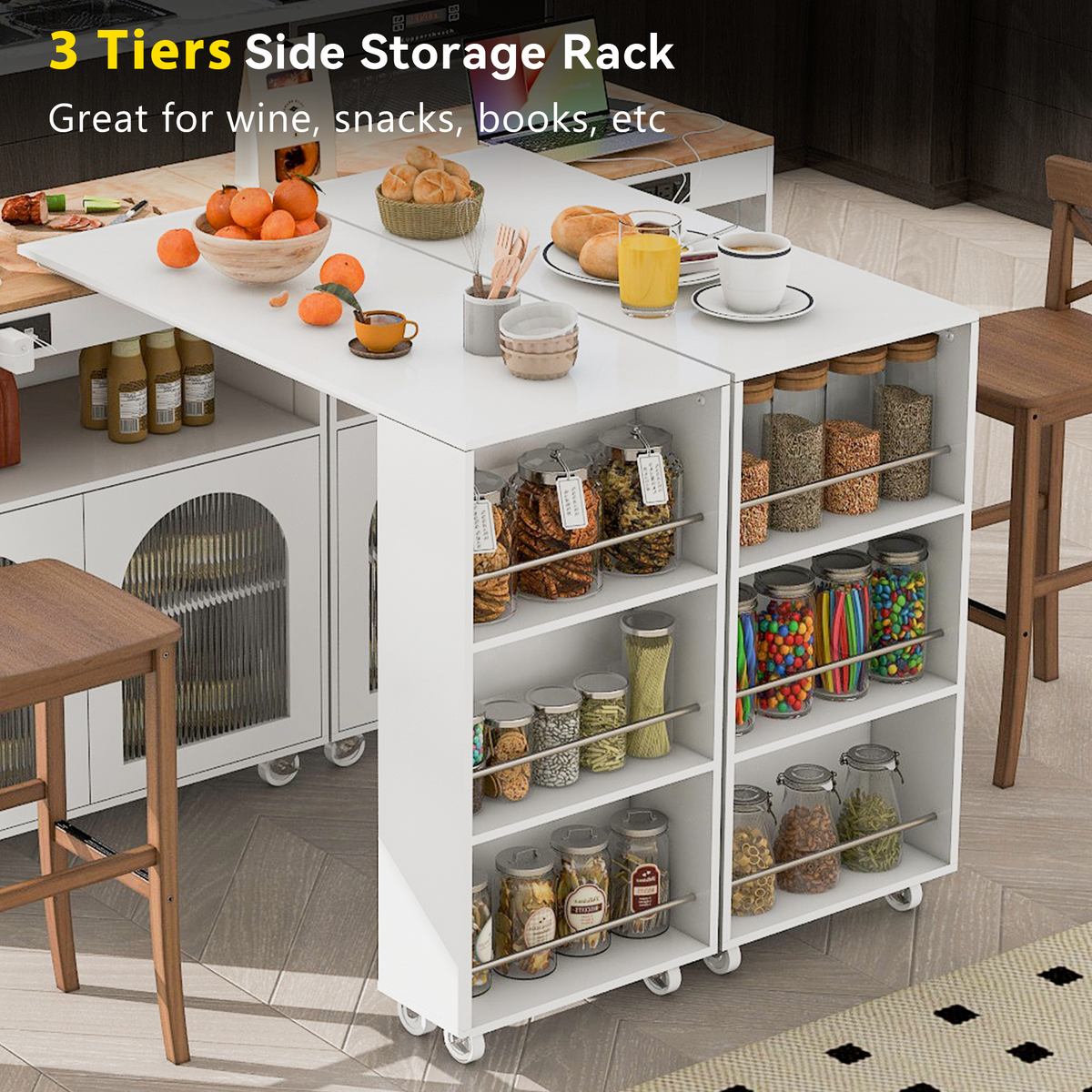 variant-group:rf-n707wf316018aaw|Roomfitters Rolling Kitchen Island with Extended Table, LED Lights, Power Outlets, White
