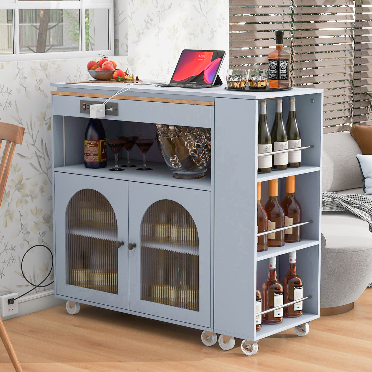 variant-group:rf-n707wf316018aag|Roomfitters Rolling Kitchen Island with Extended Table, LED Lights, Power Outlets, Grey