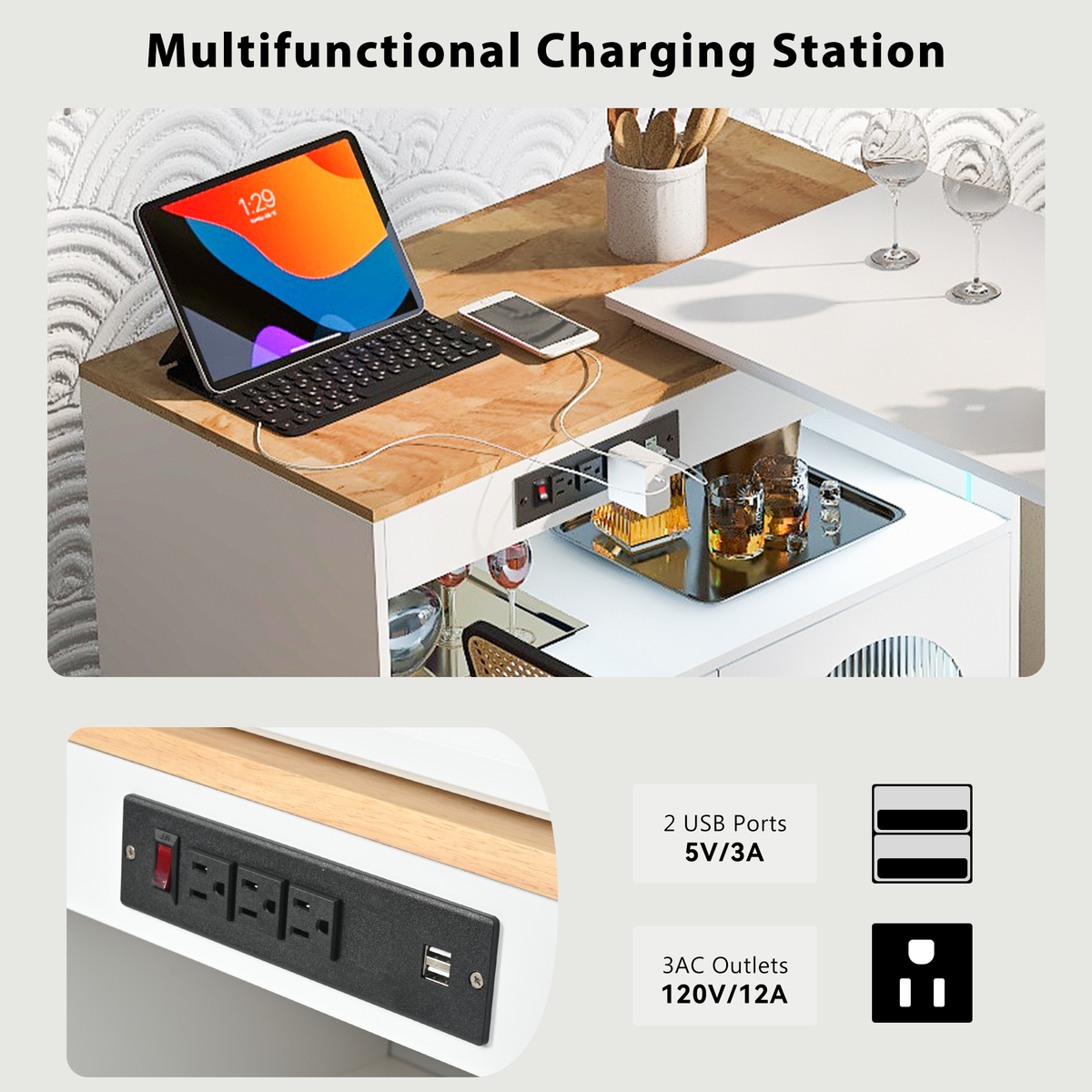 variant-group:rf-n707wf316018aaw|Roomfitters Rolling Kitchen Island with Extended Table, LED Lights, Power Outlets, White