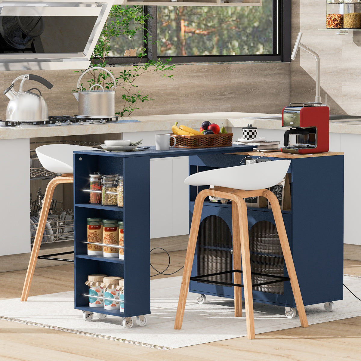 variant-group:rf-n707wf316018aan|Roomfitters Rolling Kitchen Island with Extended Table, LED Lights, Power Outlets, Navy Blue