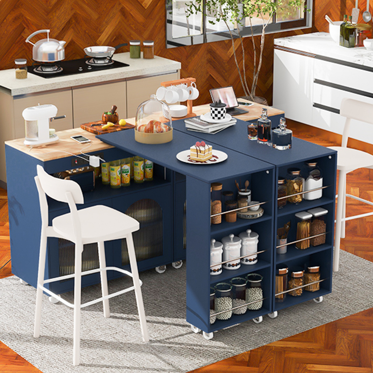 variant-group:rf-n707wf316018aan|Roomfitters Rolling Kitchen Island with Extended Table, LED Lights, Power Outlets, Navy Blue