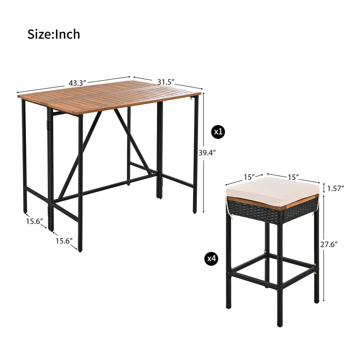 Roomfitters 5-Piece Outdoor Bar Set, Acacia Wood Bar Table & 4 Stools with Cushions, Foldable PE Rattan Tabletop, Natural Roomfitters