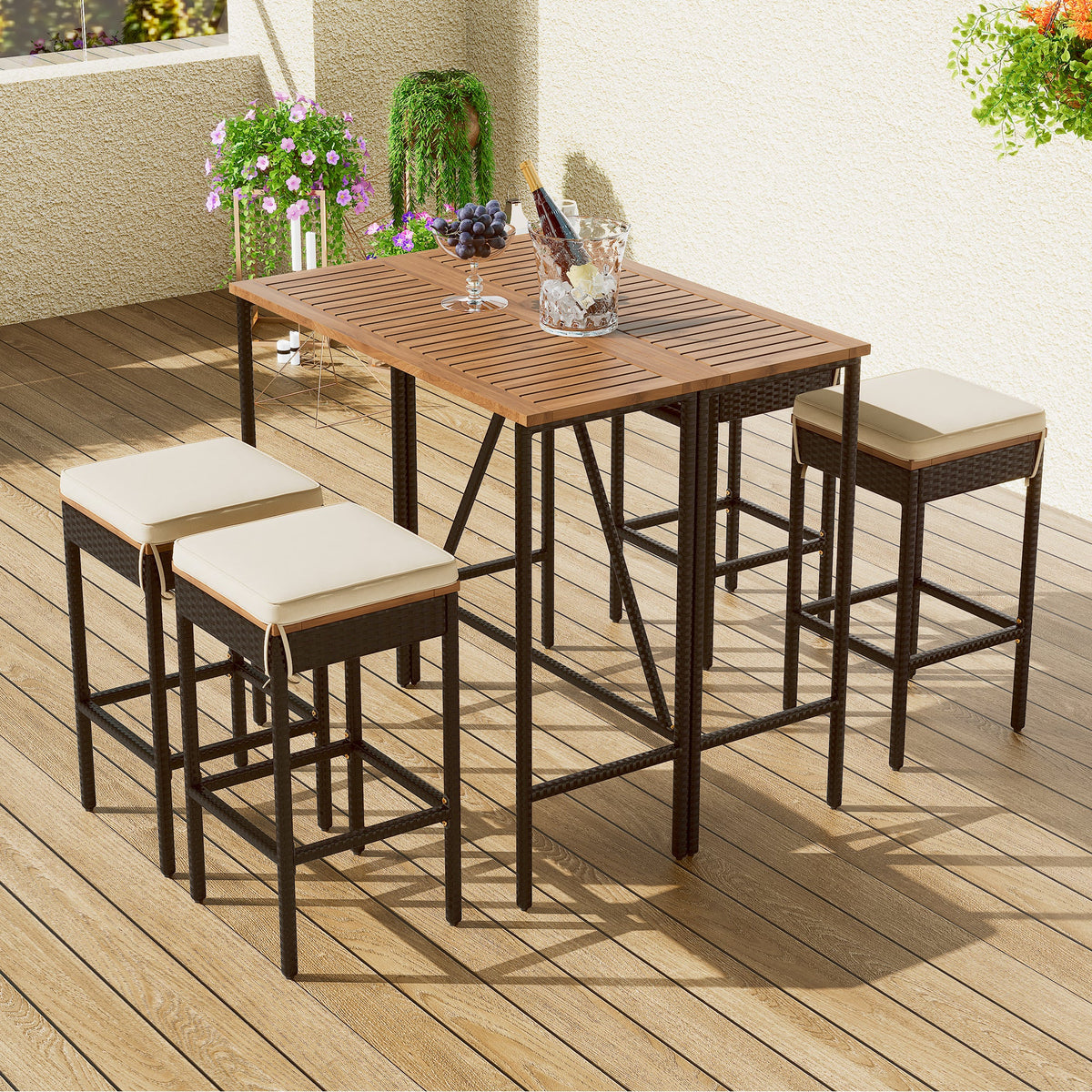 Roomfitters 5-Piece Outdoor Bar Set, Acacia Wood Bar Table & 4 Stools with Cushions, Foldable PE Rattan Tabletop, Natural Roomfitters