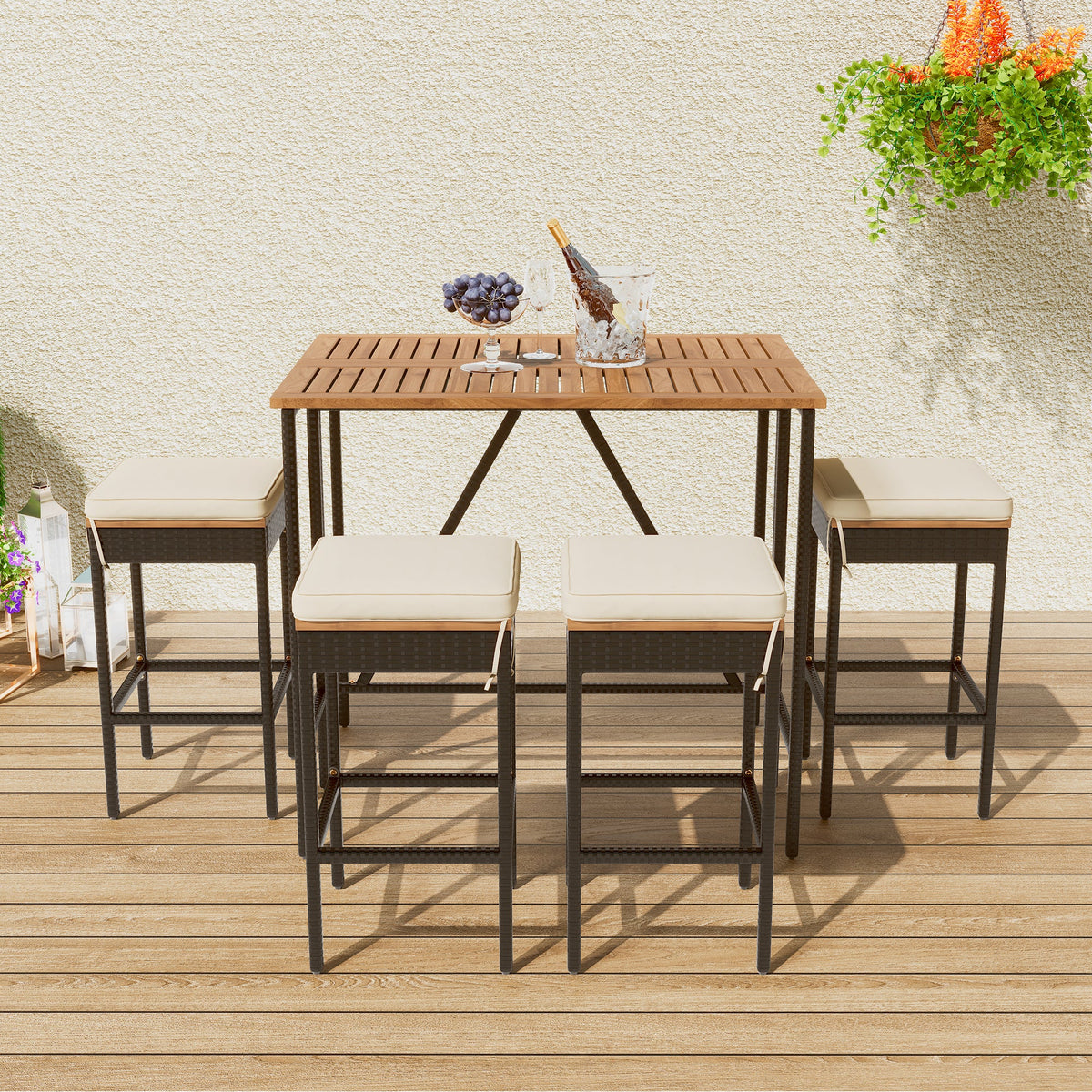 Roomfitters 5-Piece Outdoor Bar Set, Acacia Wood Bar Table & 4 Stools with Cushions, Foldable PE Rattan Tabletop, Natural Roomfitters