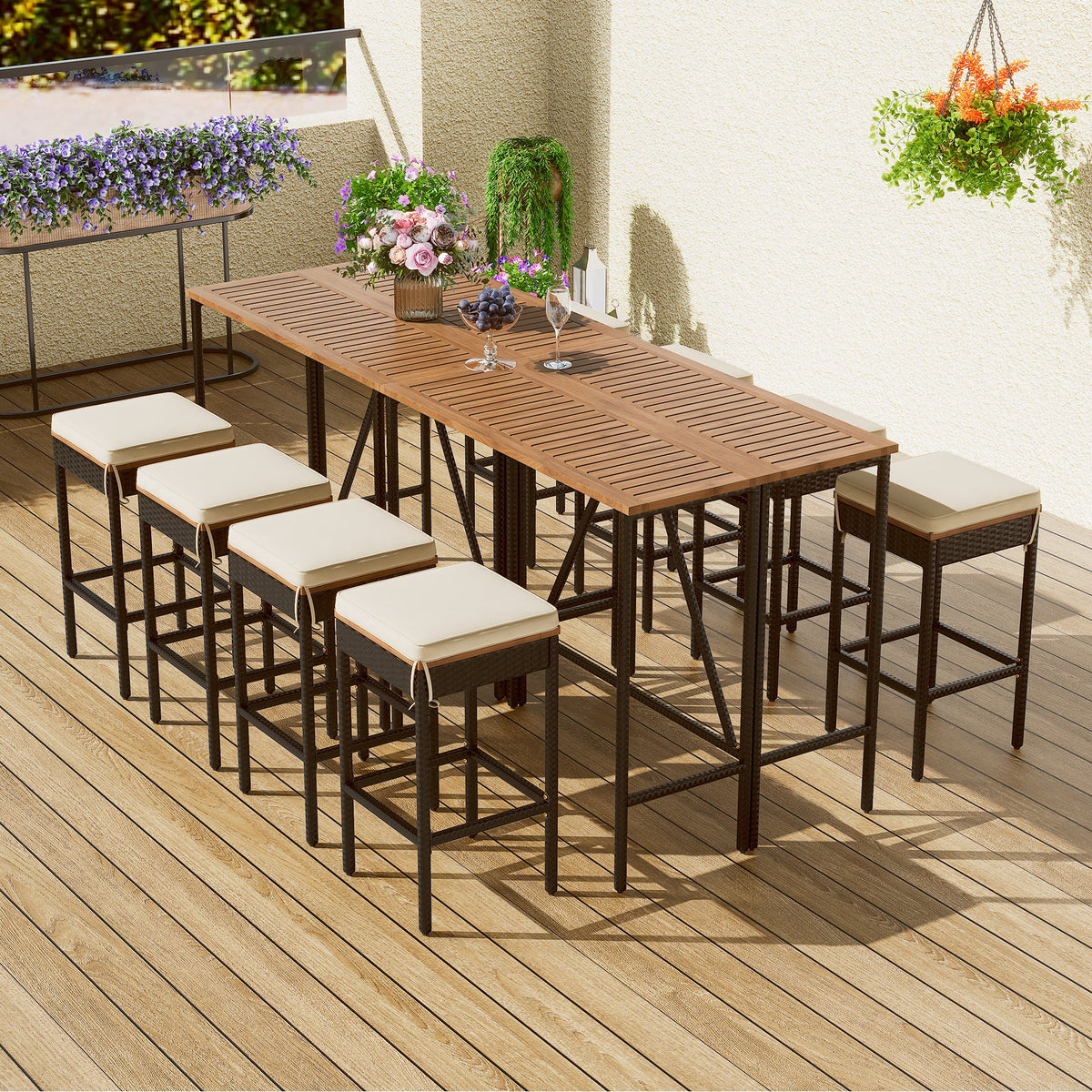Roomfitters 10-Piece Outdoor Bar Set, Acacia Wood Bar Height Table & 8 Stools, Foldable PE Rattan Tabletop, All-Weather Bistro, Natural Roomfitters