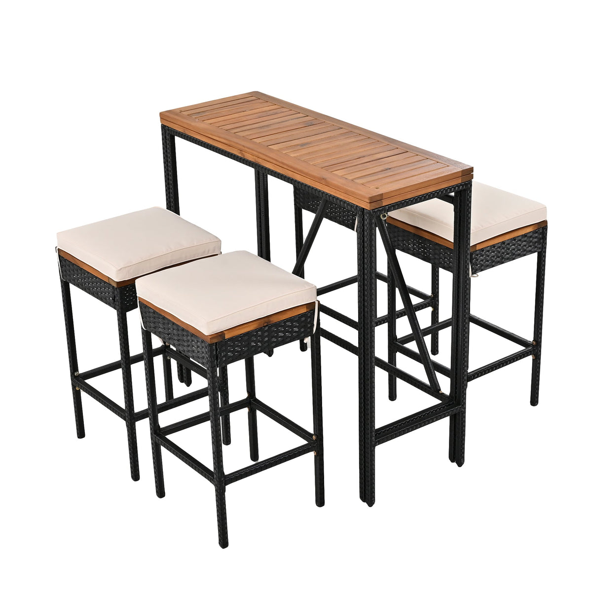 Roomfitters 5-Piece Outdoor Bar Set, Acacia Wood Bar Table & 4 Stools with Cushions, Foldable PE Rattan Tabletop, Natural Roomfitters