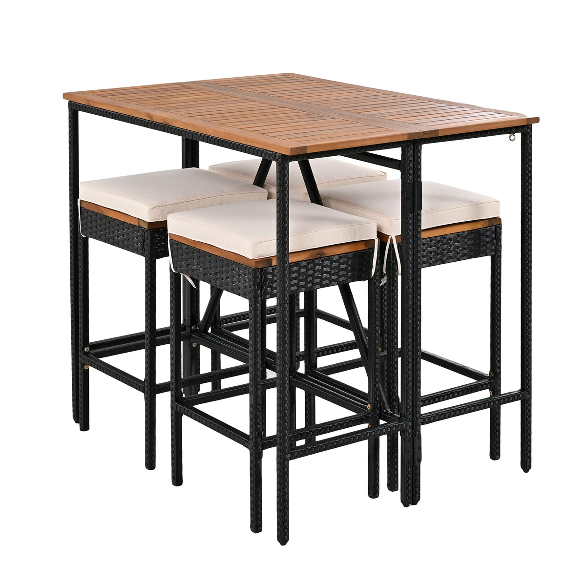 Roomfitters 5-Piece Outdoor Bar Set, Acacia Wood Bar Table & 4 Stools with Cushions, Foldable PE Rattan Tabletop, Natural Roomfitters