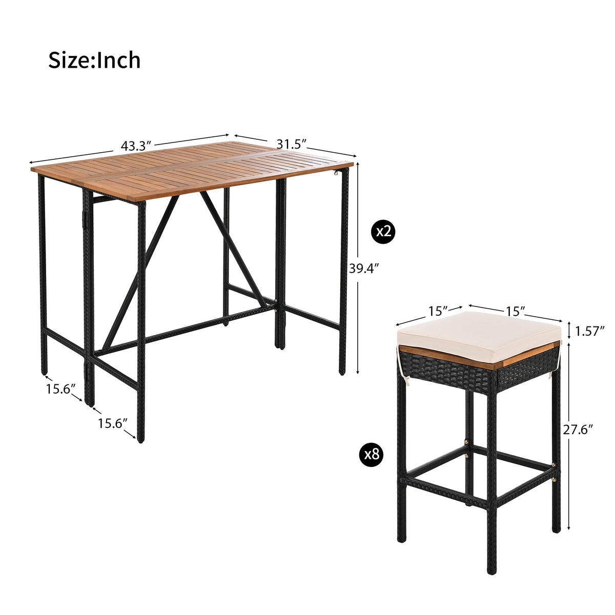 Roomfitters 10-Piece Outdoor Bar Set, Acacia Wood Bar Height Table & 8 Stools, Foldable PE Rattan Tabletop, All-Weather Bistro, Natural Roomfitters
