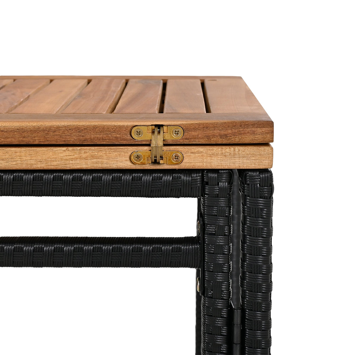 Roomfitters 5-Piece Outdoor Bar Set, Acacia Wood Bar Table & 4 Stools with Cushions, Foldable PE Rattan Tabletop, Natural Roomfitters