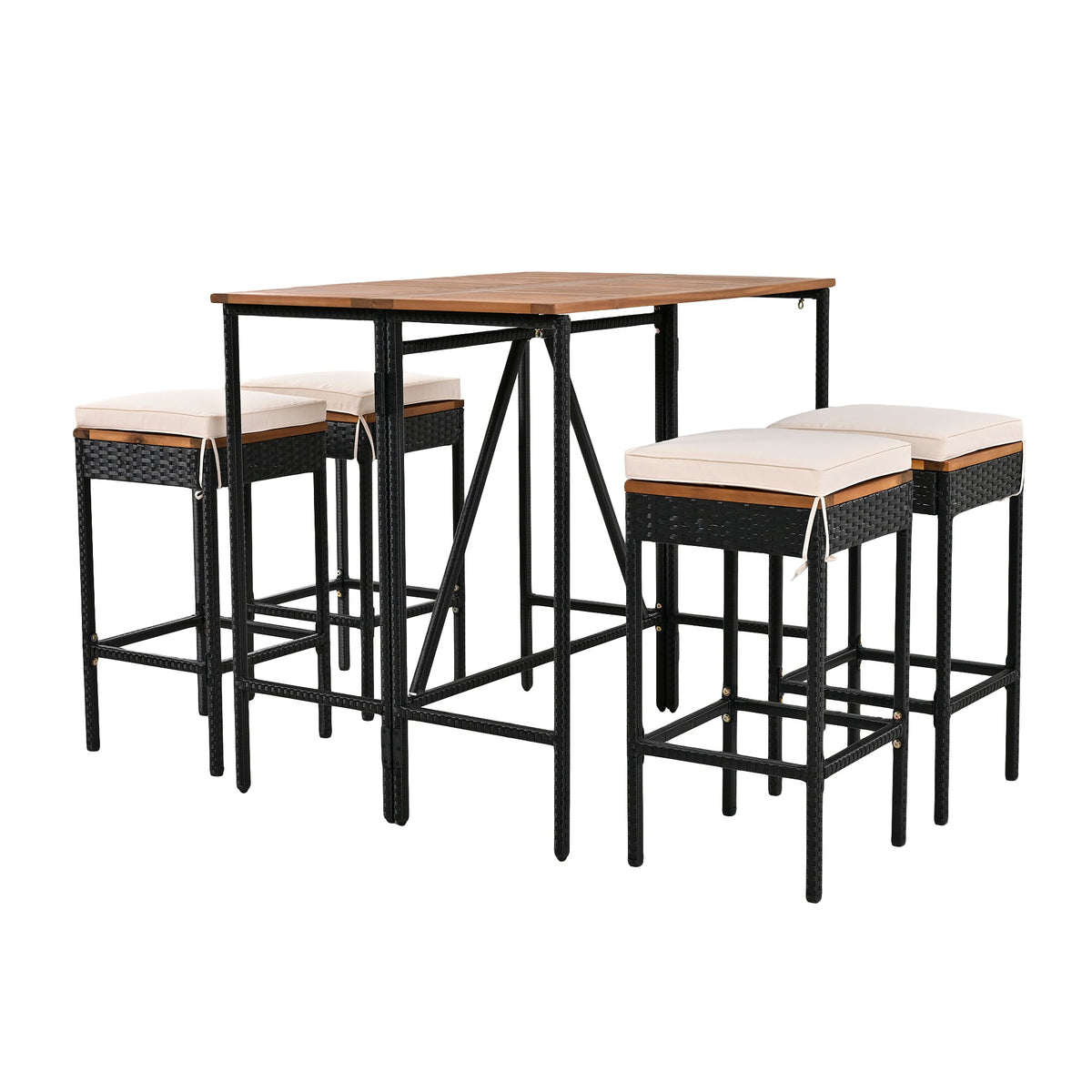 Roomfitters 5-Piece Outdoor Bar Set, Acacia Wood Bar Table & 4 Stools with Cushions, Foldable PE Rattan Tabletop, Natural Roomfitters