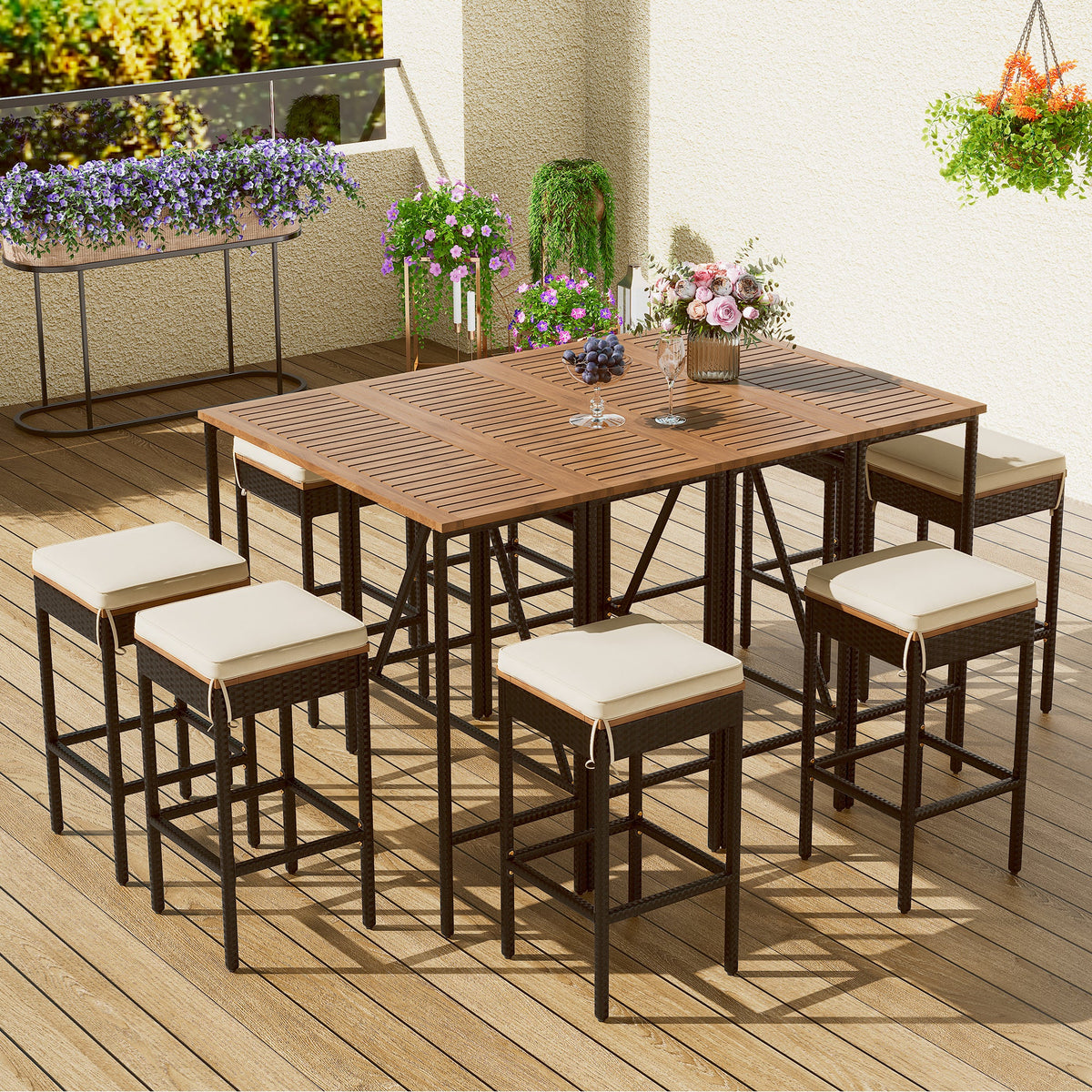 Roomfitters 10-Piece Outdoor Bar Set, Acacia Wood Bar Height Table & 8 Stools, Foldable PE Rattan Tabletop, All-Weather Bistro, Natural Roomfitters