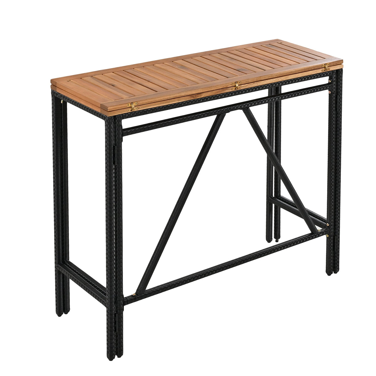 Roomfitters 10-Piece Outdoor Bar Set, Acacia Wood Bar Height Table & 8 Stools, Foldable PE Rattan Tabletop, All-Weather Bistro, Natural Roomfitters