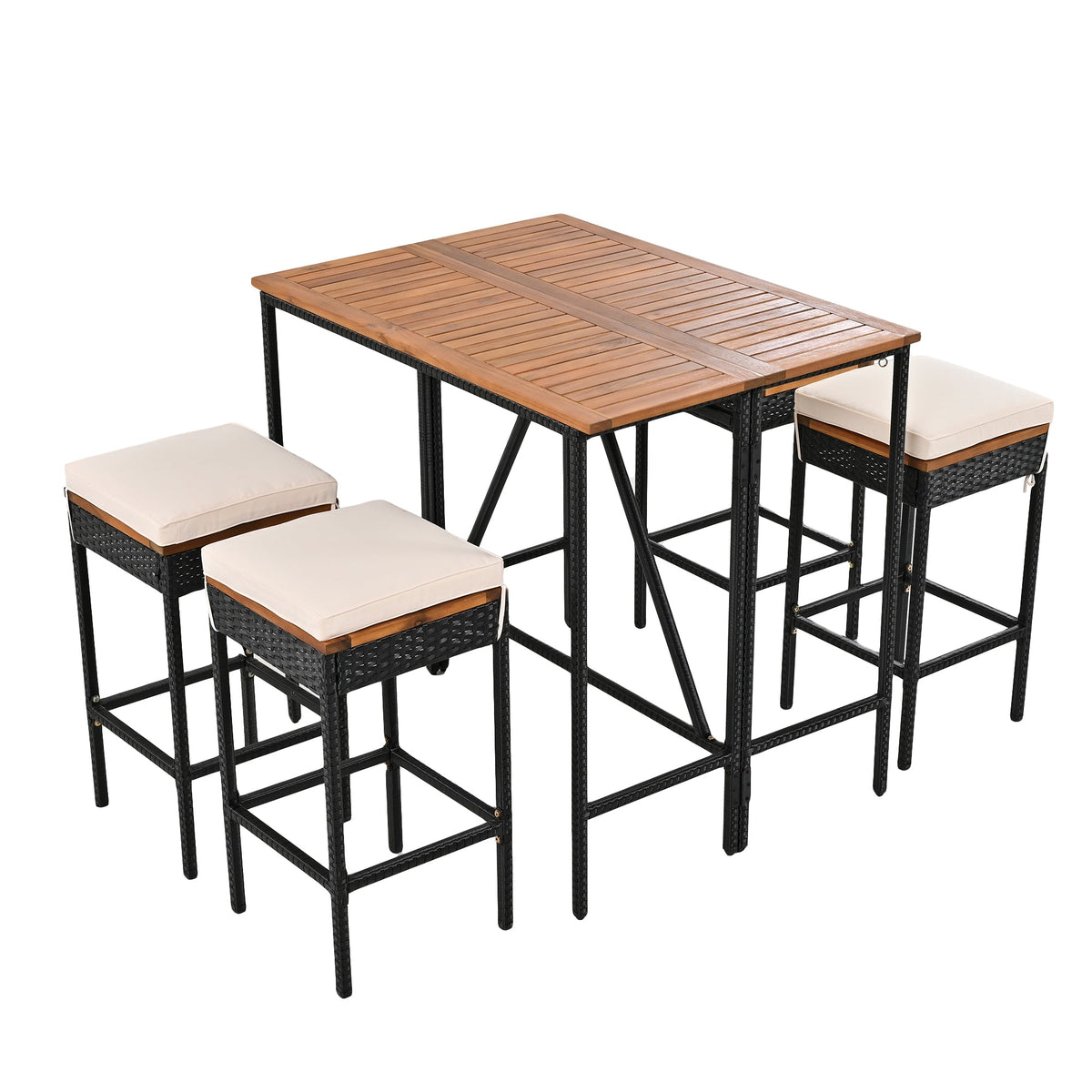 Roomfitters 5-Piece Outdoor Bar Set, Acacia Wood Bar Table & 4 Stools with Cushions, Foldable PE Rattan Tabletop, Natural Roomfitters