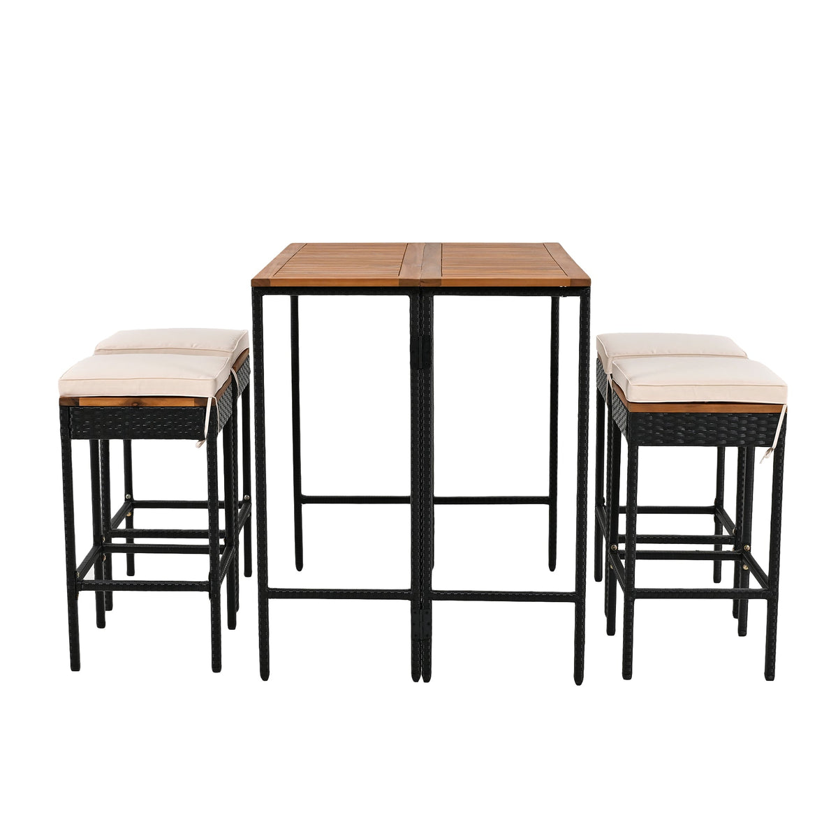 Roomfitters 5-Piece Outdoor Bar Set, Acacia Wood Bar Table & 4 Stools with Cushions, Foldable PE Rattan Tabletop, Natural Roomfitters