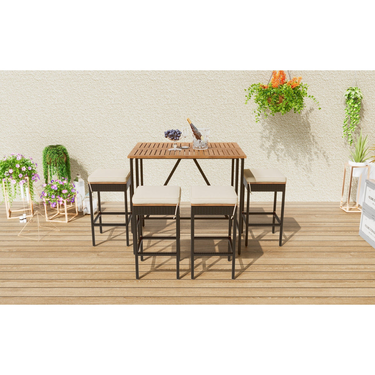 Roomfitters 5-Piece Outdoor Bar Set, Acacia Wood Bar Table & 4 Stools with Cushions, Foldable PE Rattan Tabletop, Natural Roomfitters