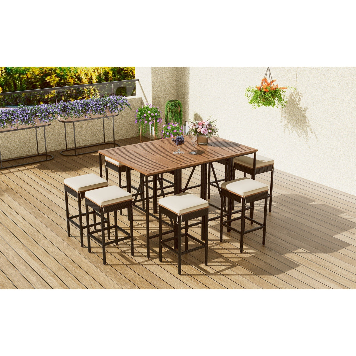 Roomfitters 10-Piece Outdoor Bar Set, Acacia Wood Bar Height Table & 8 Stools, Foldable PE Rattan Tabletop, All-Weather Bistro, Natural Roomfitters