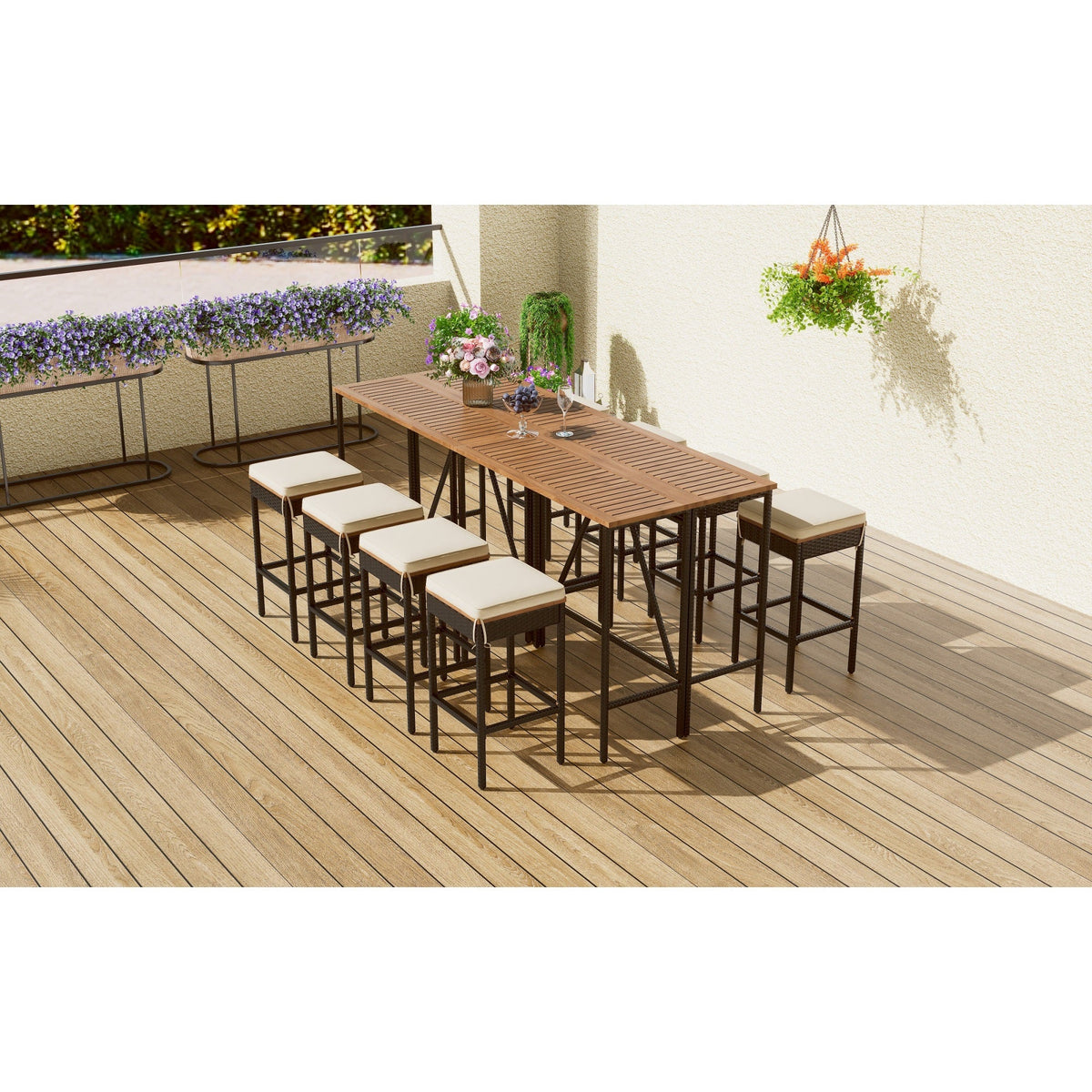 Roomfitters 10-Piece Outdoor Bar Set, Acacia Wood Bar Height Table & 8 Stools, Foldable PE Rattan Tabletop, All-Weather Bistro, Natural Roomfitters