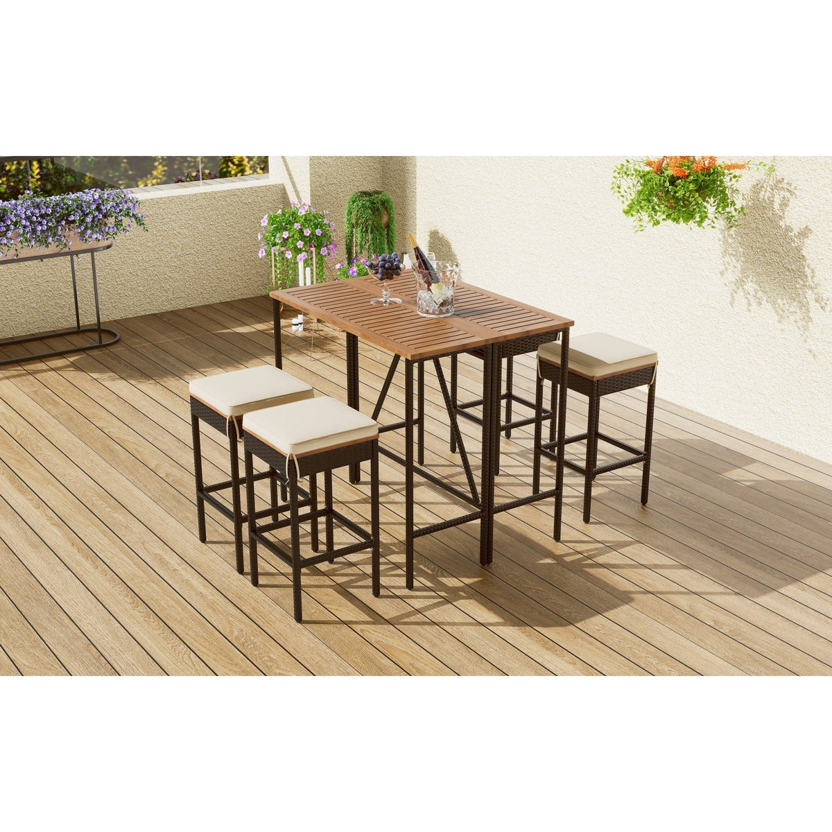 Roomfitters 5-Piece Outdoor Bar Set, Acacia Wood Bar Table & 4 Stools with Cushions, Foldable PE Rattan Tabletop, Natural Roomfitters