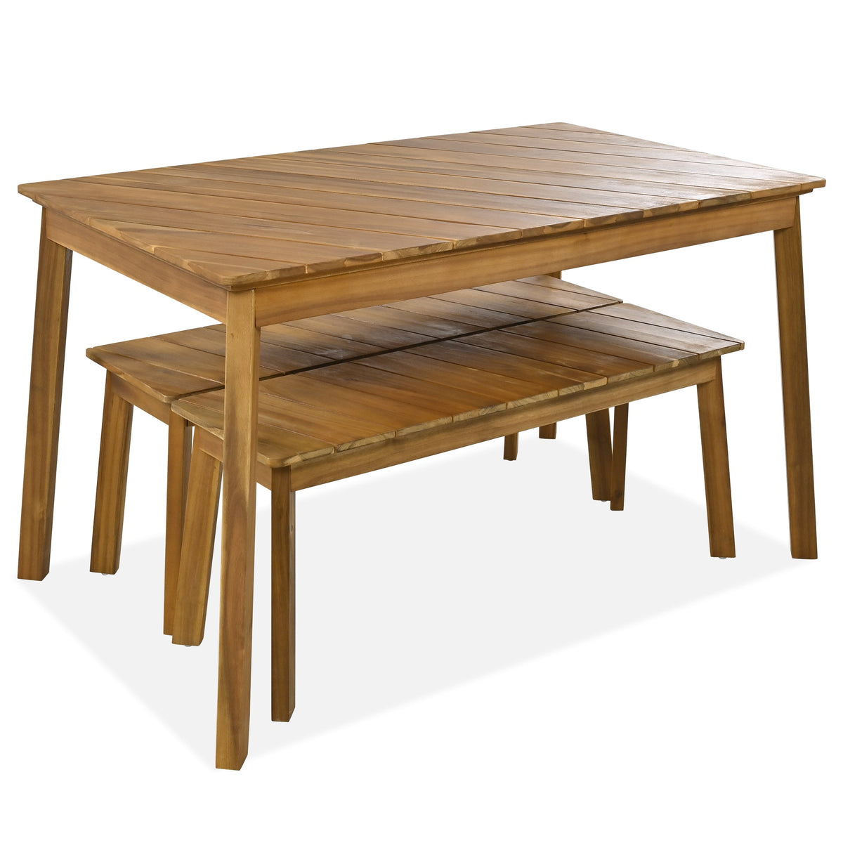 Roomfitters 3 Pieces Acacia Wood Table Bench Dining Set for Outdoor & Indoor Furniture with 2 Benches, Picnic Beer Table for Patio, Porch, Garden, Poolside, Natural Wood Tone Roomfitters