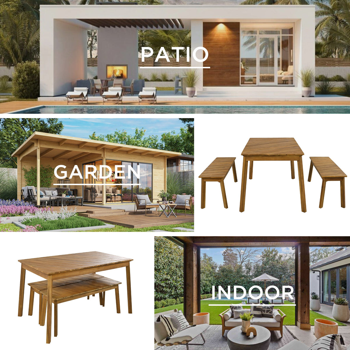 Roomfitters 3 Pieces Acacia Wood Table Bench Dining Set for Outdoor & Indoor Furniture with 2 Benches, Picnic Beer Table for Patio, Porch, Garden, Poolside, Natural Wood Tone Roomfitters
