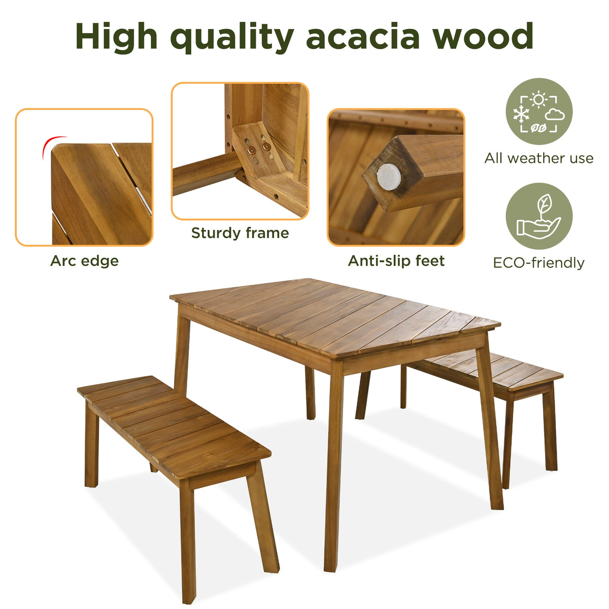 Roomfitters 3 Pieces Acacia Wood Table Bench Dining Set for Outdoor & Indoor Furniture with 2 Benches, Picnic Beer Table for Patio, Porch, Garden, Poolside, Natural Wood Tone Roomfitters