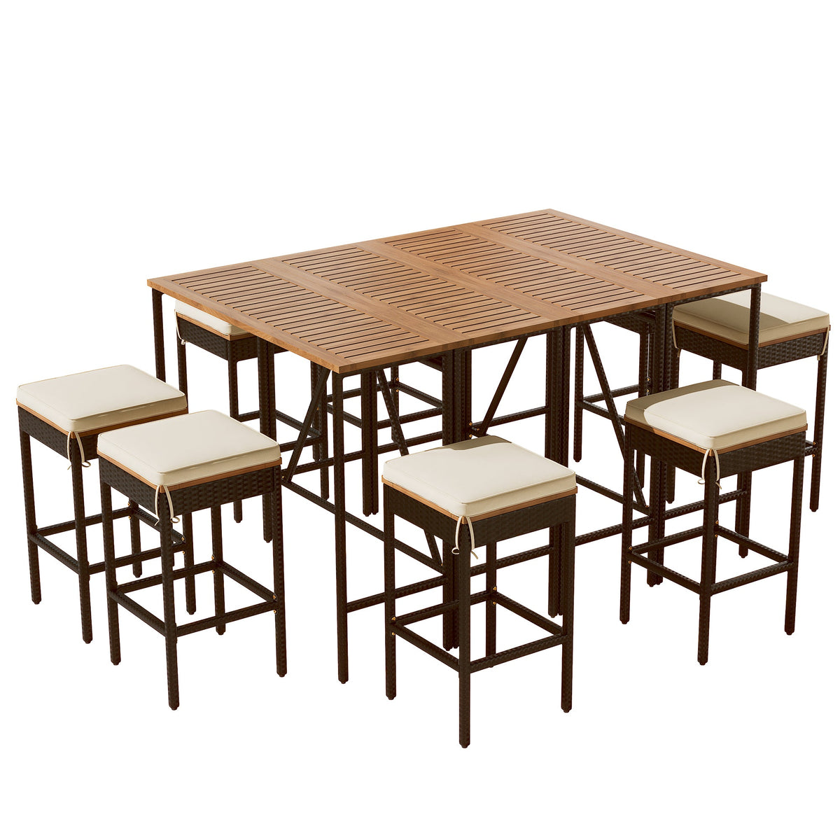 Roomfitters 10-Piece Outdoor Bar Set, Acacia Wood Bar Height Table & 8 Stools, Foldable PE Rattan Tabletop, All-Weather Bistro, Natural Roomfitters