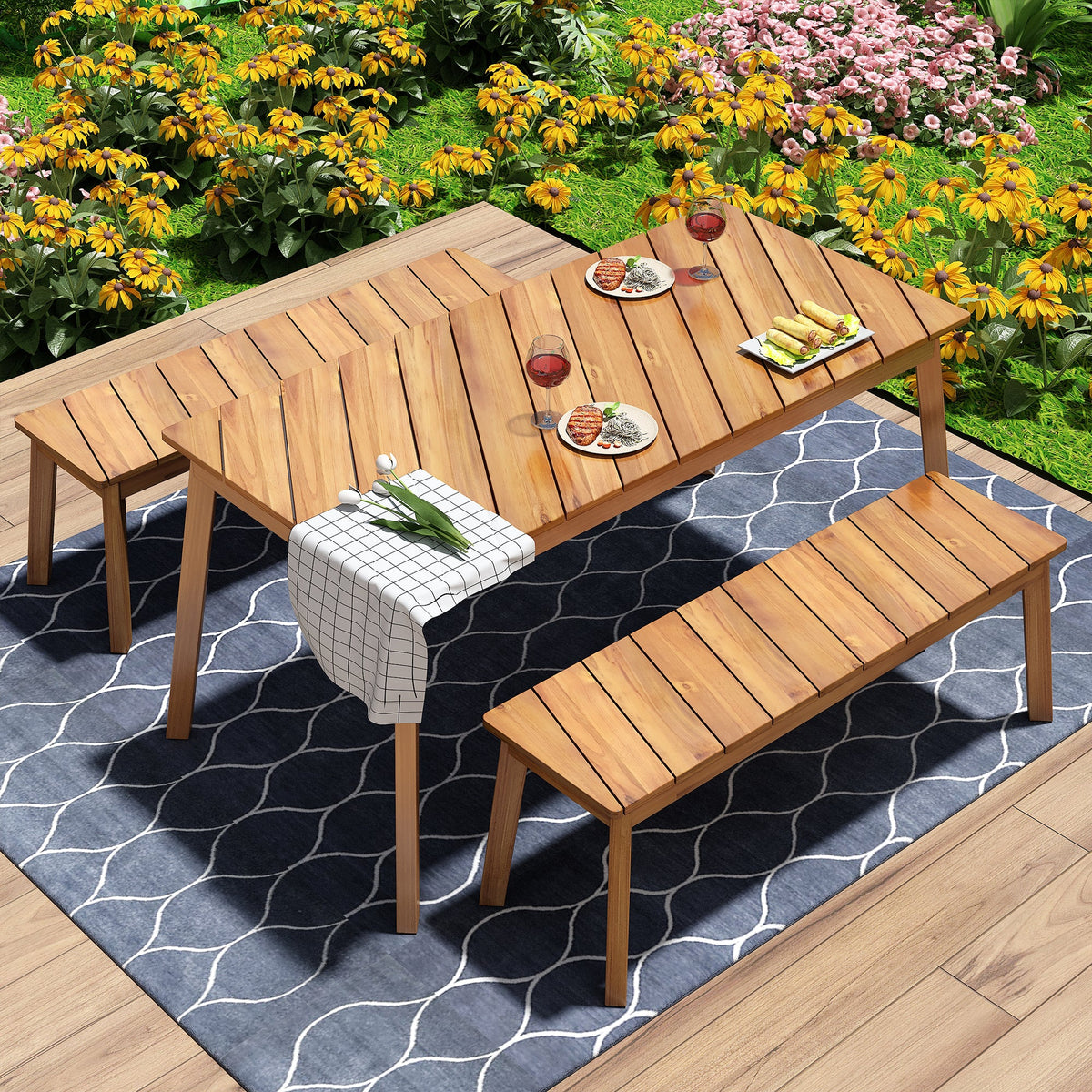 Roomfitters 3 Pieces Acacia Wood Table Bench Dining Set for Outdoor & Indoor Furniture with 2 Benches, Picnic Beer Table for Patio, Porch, Garden, Poolside, Natural Wood Tone Roomfitters