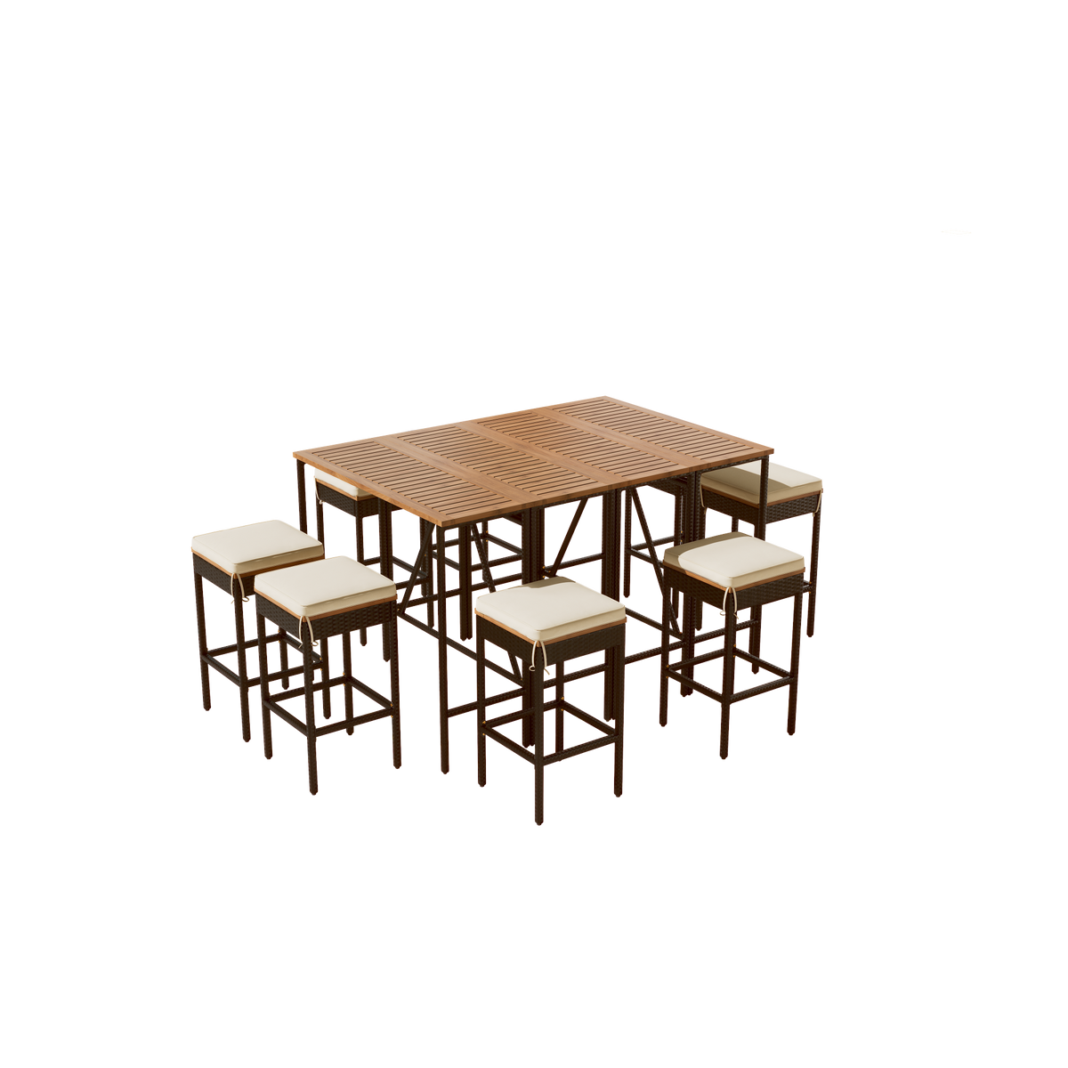 Roomfitters 10-Piece Outdoor Bar Set, Acacia Wood Bar Height Table & 8 Stools, Foldable PE Rattan Tabletop, All-Weather Bistro, Natural Roomfitters