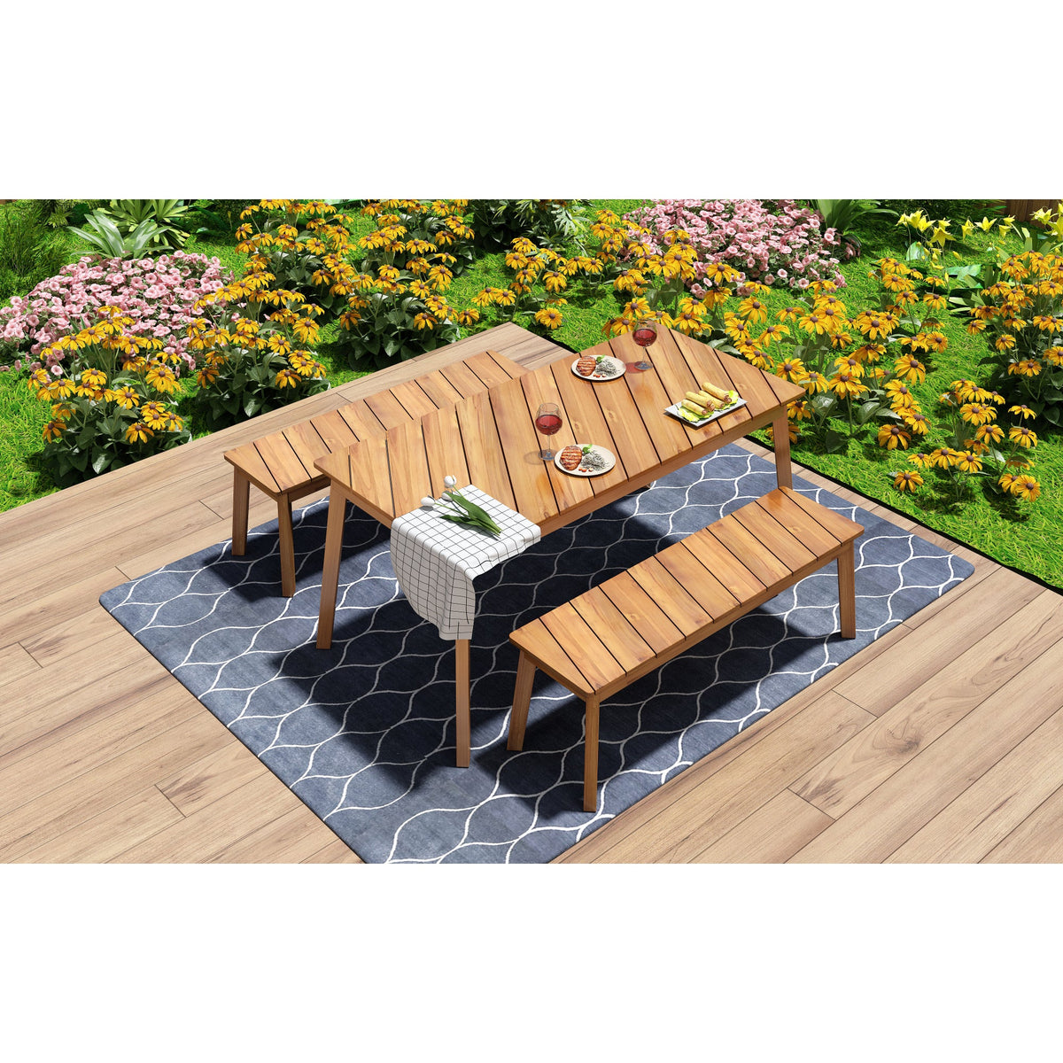 Roomfitters 3 Pieces Acacia Wood Table Bench Dining Set for Outdoor & Indoor Furniture with 2 Benches, Picnic Beer Table for Patio, Porch, Garden, Poolside, Natural Wood Tone Roomfitters