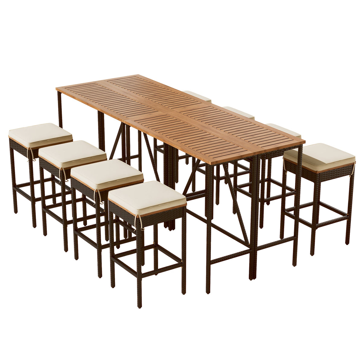 Roomfitters 10-Piece Outdoor Bar Set, Acacia Wood Bar Height Table & 8 Stools, Foldable PE Rattan Tabletop, All-Weather Bistro, Natural Roomfitters