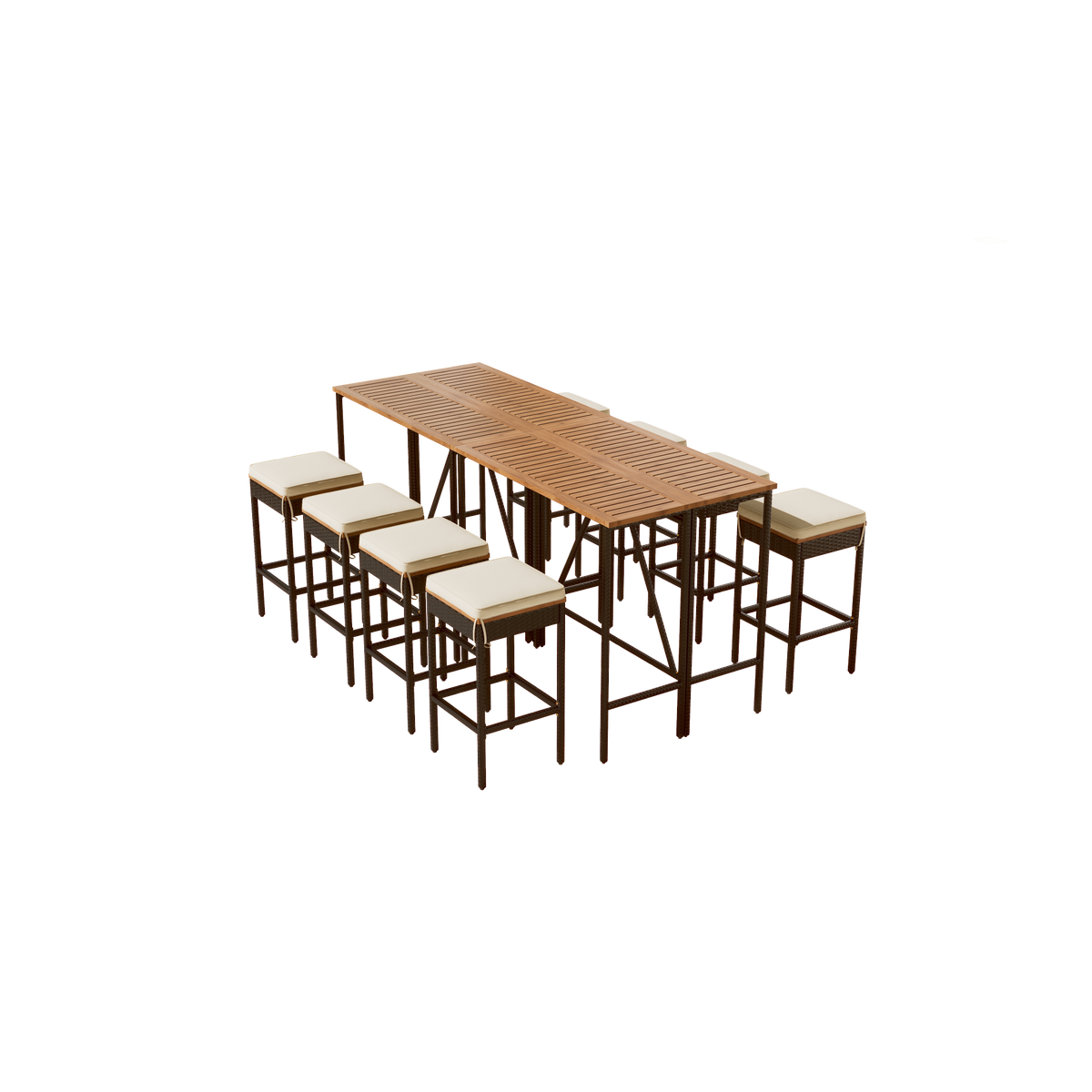 Roomfitters 10-Piece Outdoor Bar Set, Acacia Wood Bar Height Table & 8 Stools, Foldable PE Rattan Tabletop, All-Weather Bistro, Natural Roomfitters