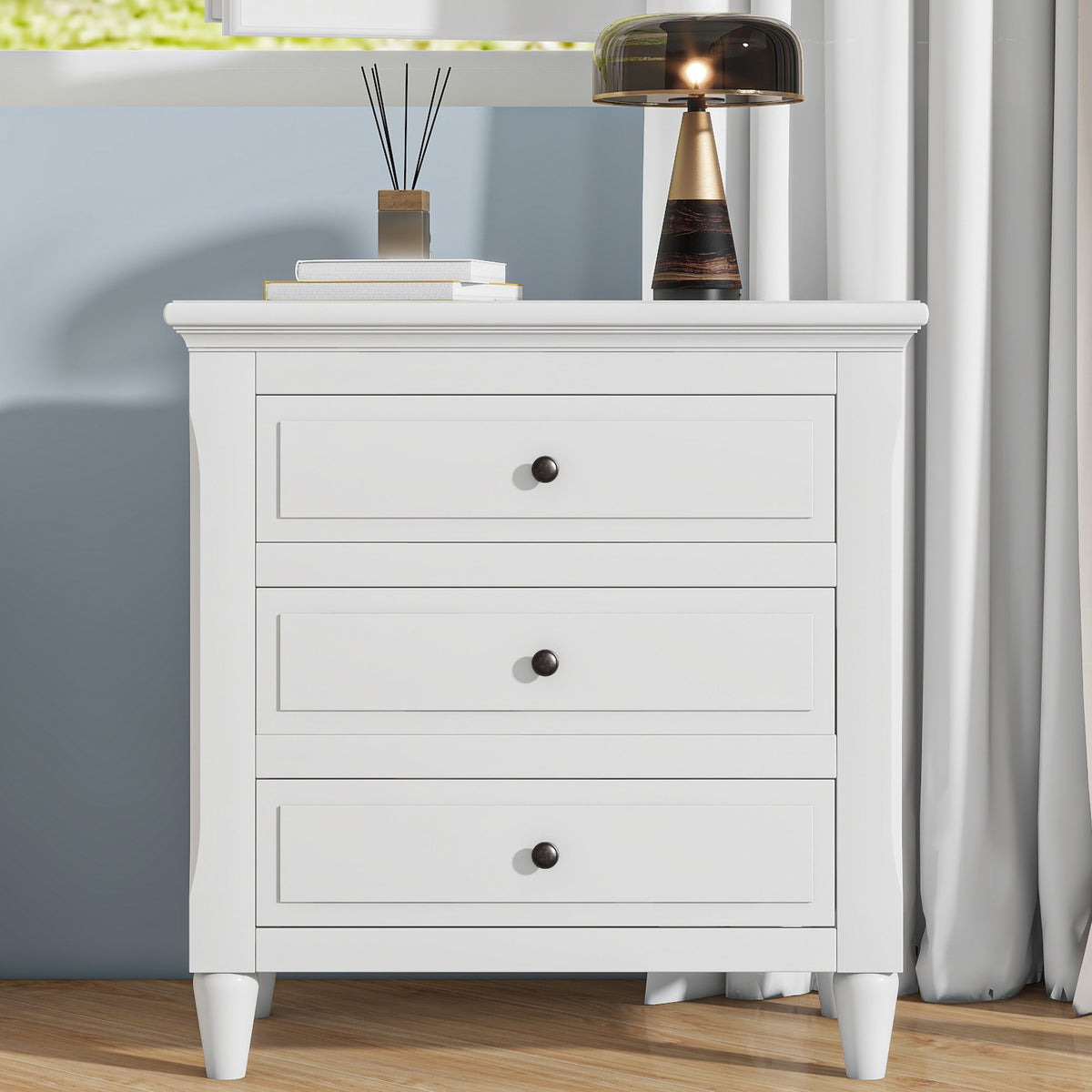 variant-group:rf-n711wf319366aak|Roomfitters 3-Drawer Nightstand Storage Wood Cabinet, Perfect for Bedroom or Living Room with Durable Wood Design and Ample Storage Space, White