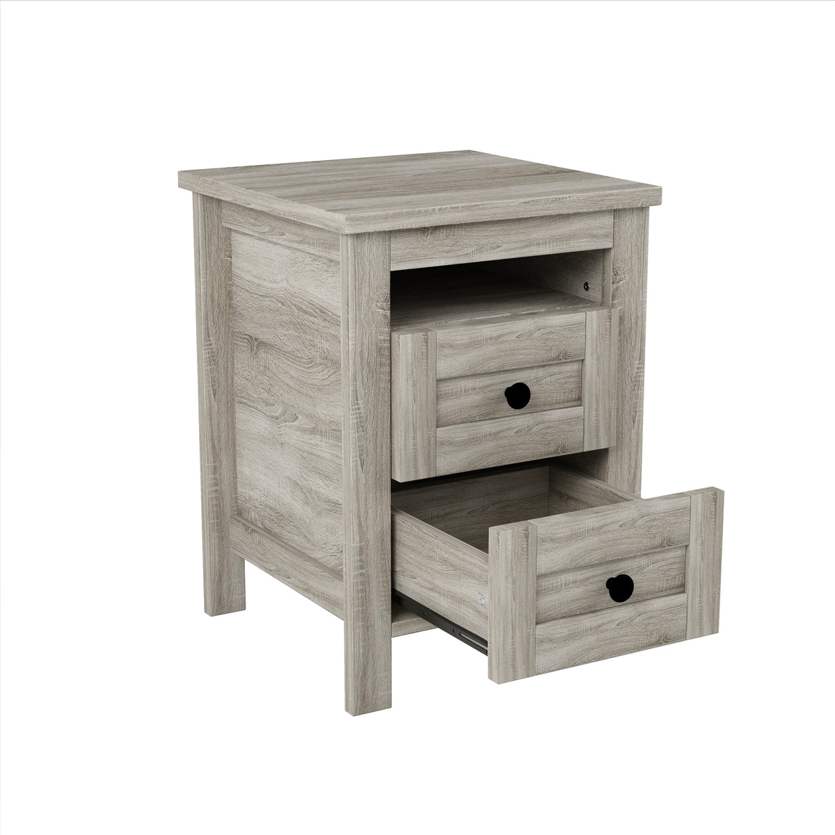 variant-group:rf-n733s369048g|Roomfitters 3 Piece Bedroom Set, Full Farmhouse Platform Bed with Sliding Headboard, Bedside Tables, Antique Gray