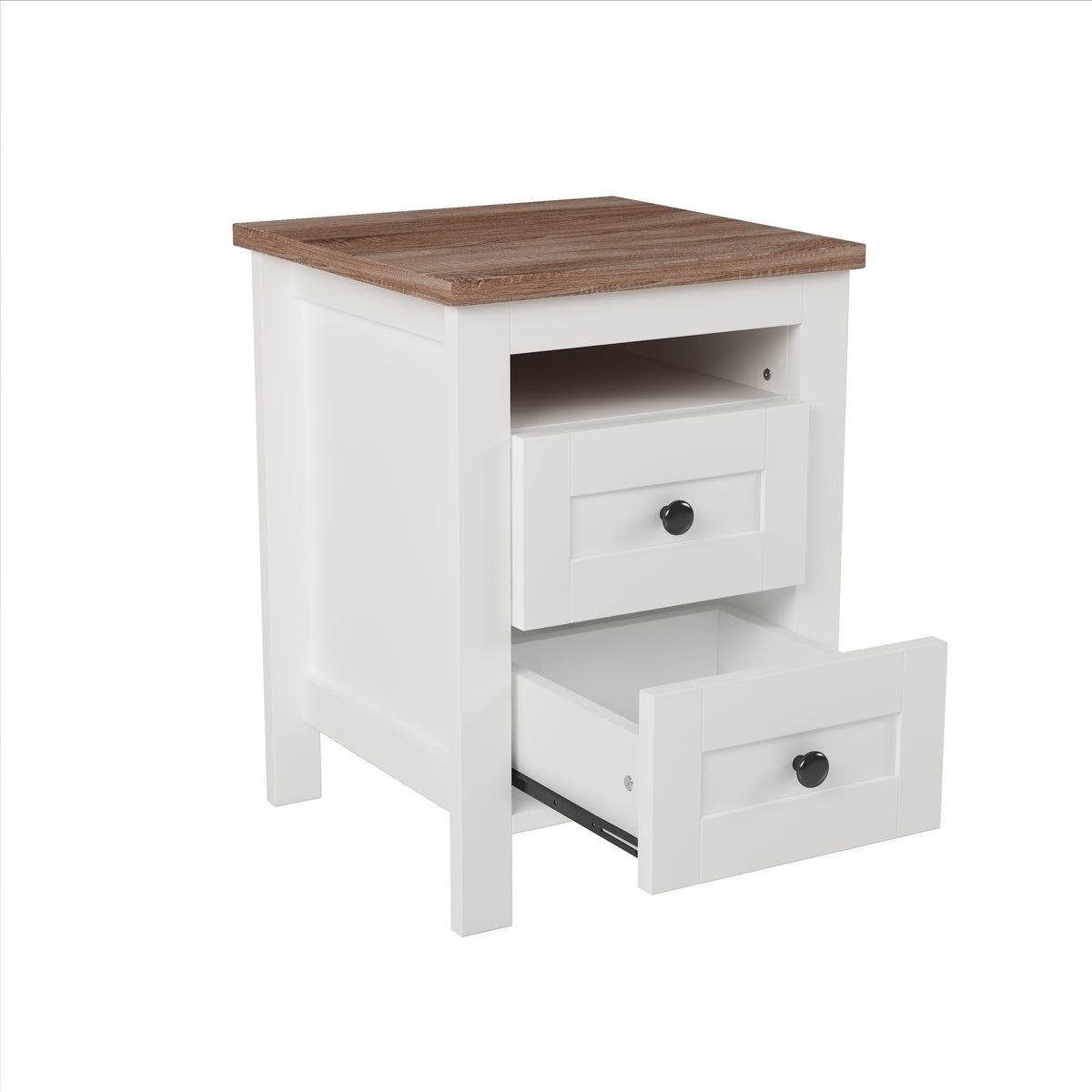 variant-group:rf-n733s369048k|Roomfitters 3 Piece Bedroom Set, Full Farmhouse Platform Bed with Sliding Headboard, Bedside Tables, White Brown