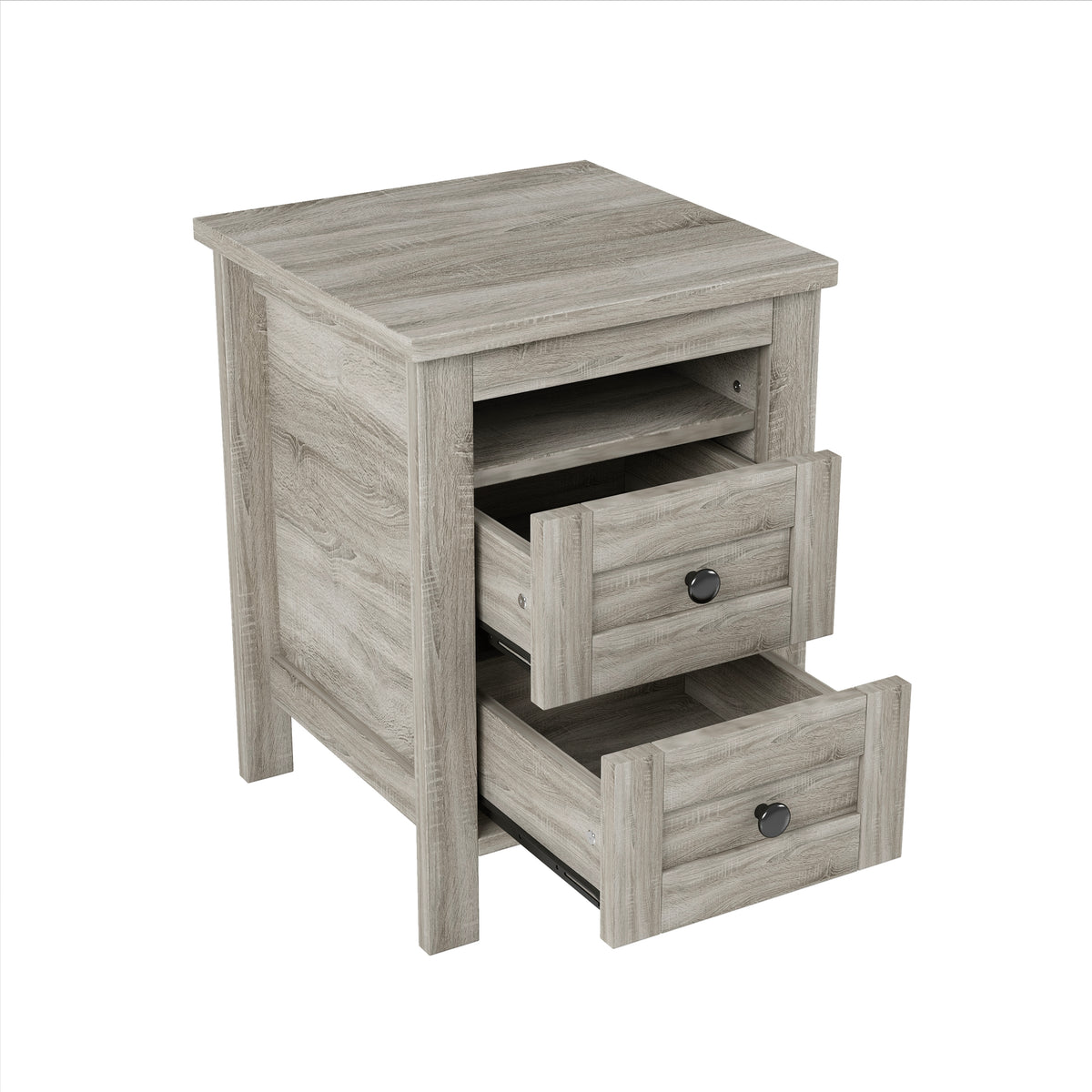 variant-group:rf-n733s369048g|Roomfitters 3 Piece Bedroom Set, Full Farmhouse Platform Bed with Sliding Headboard, Bedside Tables, Antique Gray