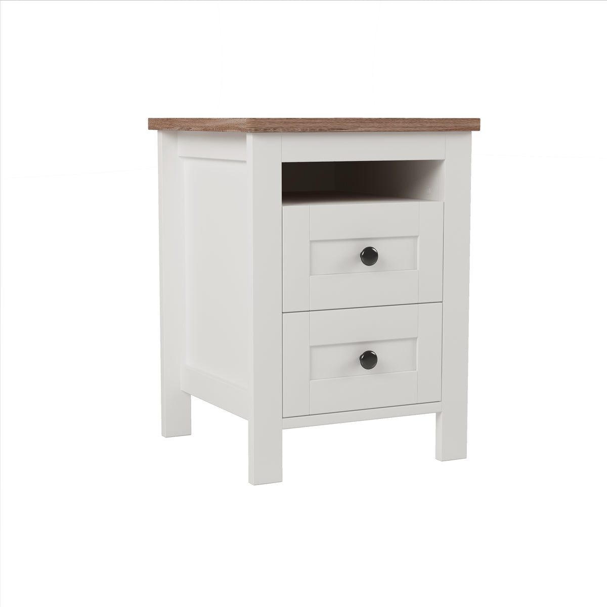 variant-group:rf-n733s369048k|Roomfitters 3 Piece Bedroom Set, Full Farmhouse Platform Bed with Sliding Headboard, Bedside Tables, White Brown