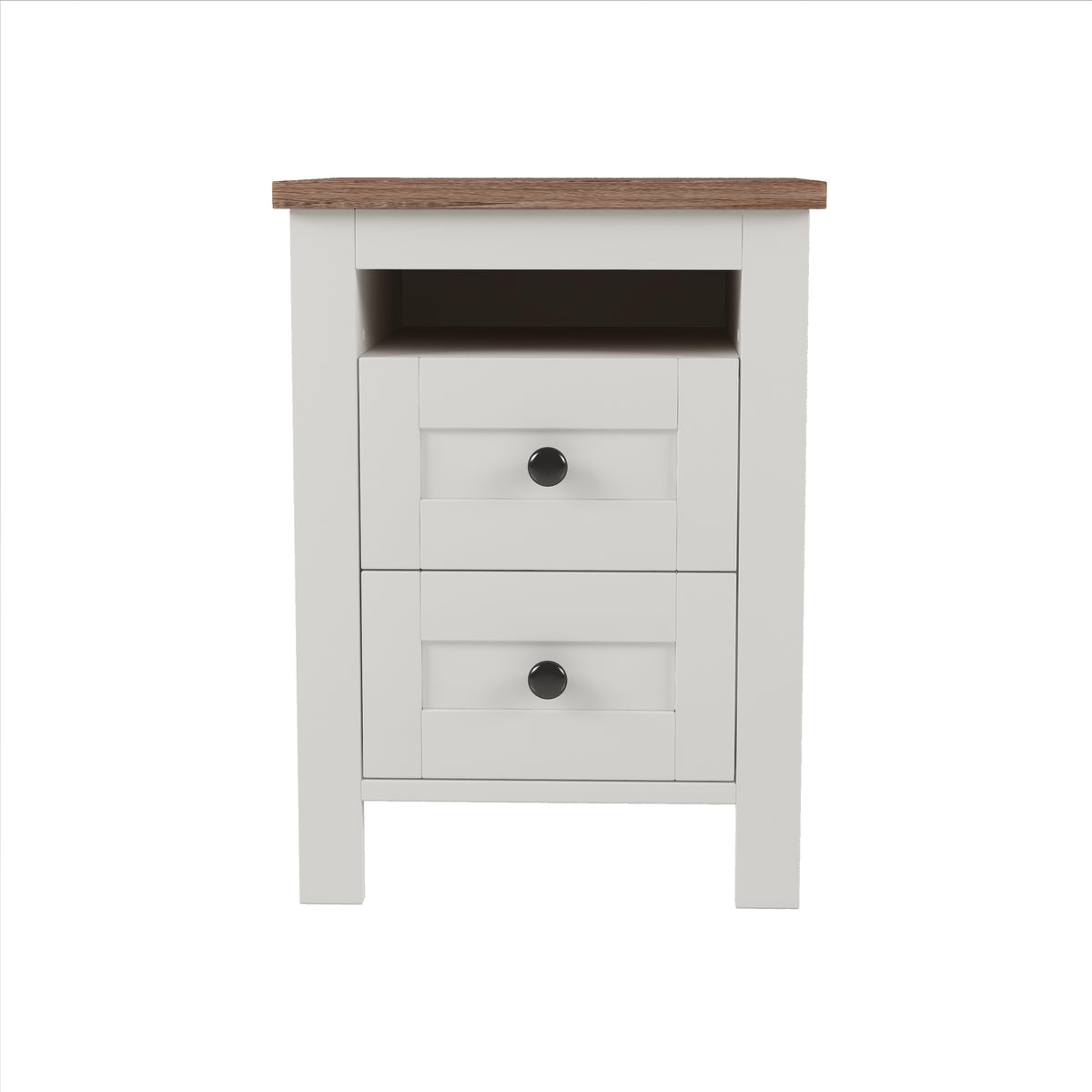 variant-group:rf-n733s369048k|Roomfitters 3 Piece Bedroom Set, Full Farmhouse Platform Bed with Sliding Headboard, Bedside Tables, White Brown