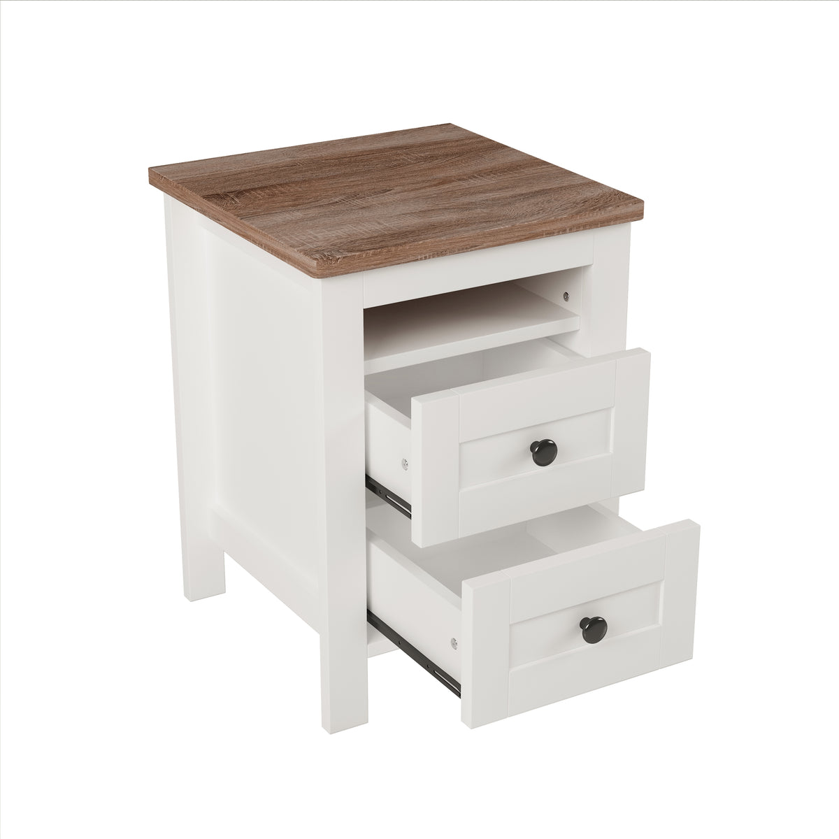variant-group:rf-n733s369048k|Roomfitters 3 Piece Bedroom Set, Full Farmhouse Platform Bed with Sliding Headboard, Bedside Tables, White Brown