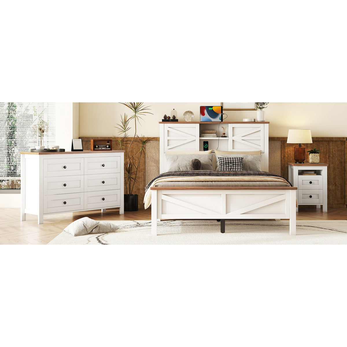 variant-group:rf-n733s369048k|Roomfitters 3 Piece Bedroom Set, Full Farmhouse Platform Bed with Sliding Headboard, Bedside Tables, White Brown