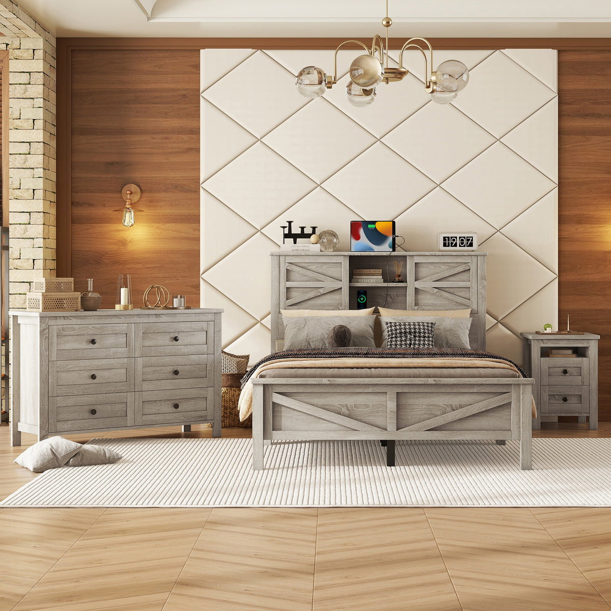 variant-group:rf-n733s369048g|Roomfitters 3 Piece Bedroom Set, Full Farmhouse Platform Bed with Sliding Headboard, Bedside Tables, Antique Gray