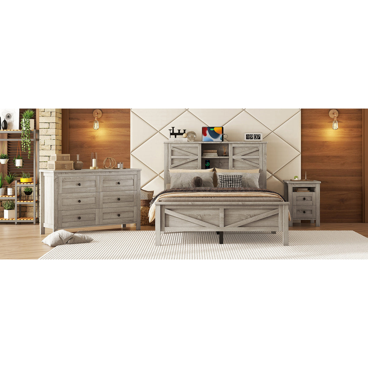 variant-group:rf-n733s369048g|Roomfitters 3 Piece Bedroom Set, Full Farmhouse Platform Bed with Sliding Headboard, Bedside Tables, Antique Gray