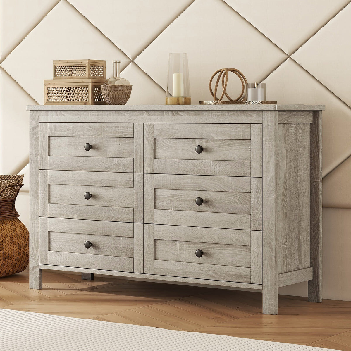 Roomfitters Modern Mirrored Storage Cabinet with Metal Handle, 6-Drawer Dresser for Bedroom and Living Room, Gray