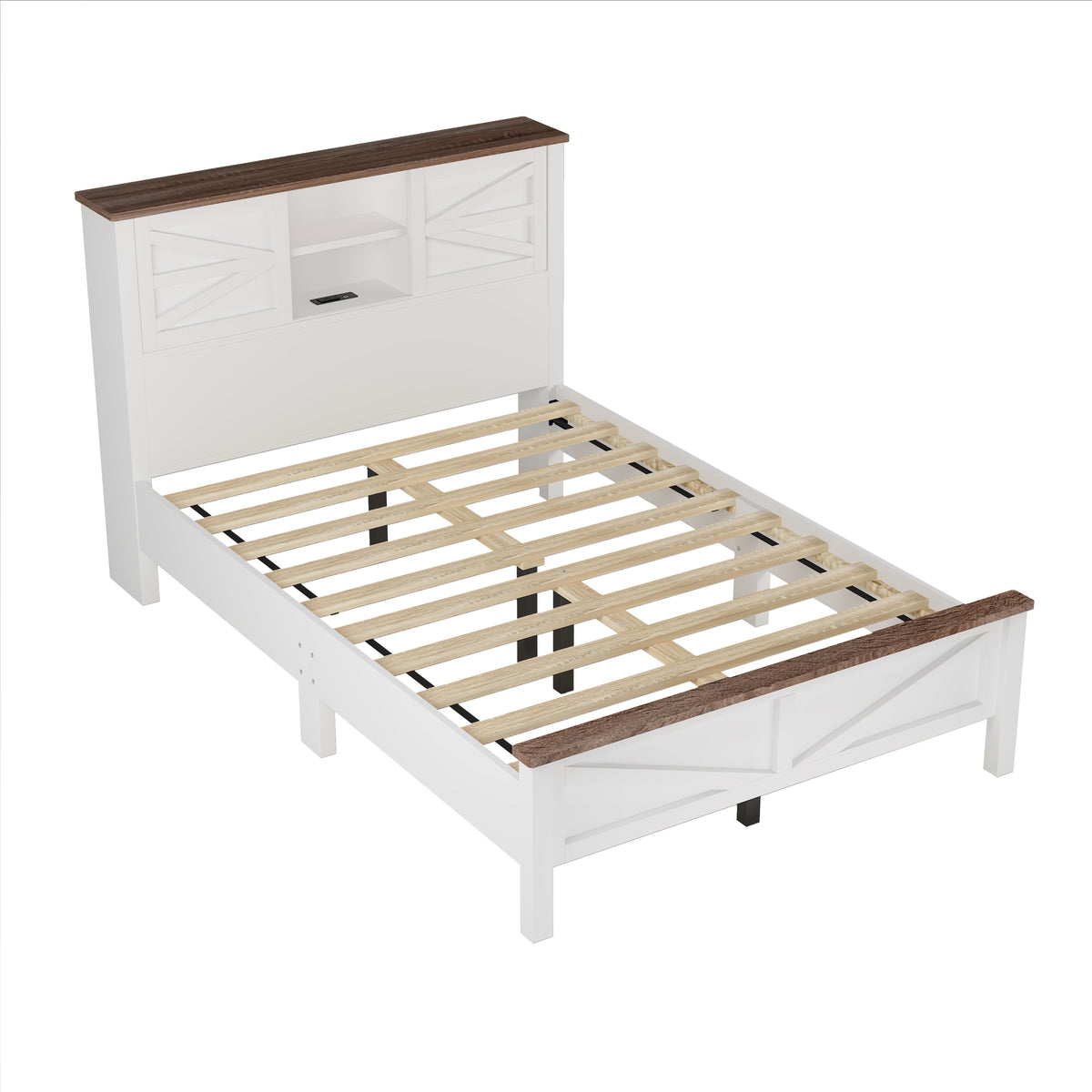 variant-group:rf-n733s369048k|Roomfitters 3 Piece Bedroom Set, Full Farmhouse Platform Bed with Sliding Headboard, Bedside Tables, White Brown