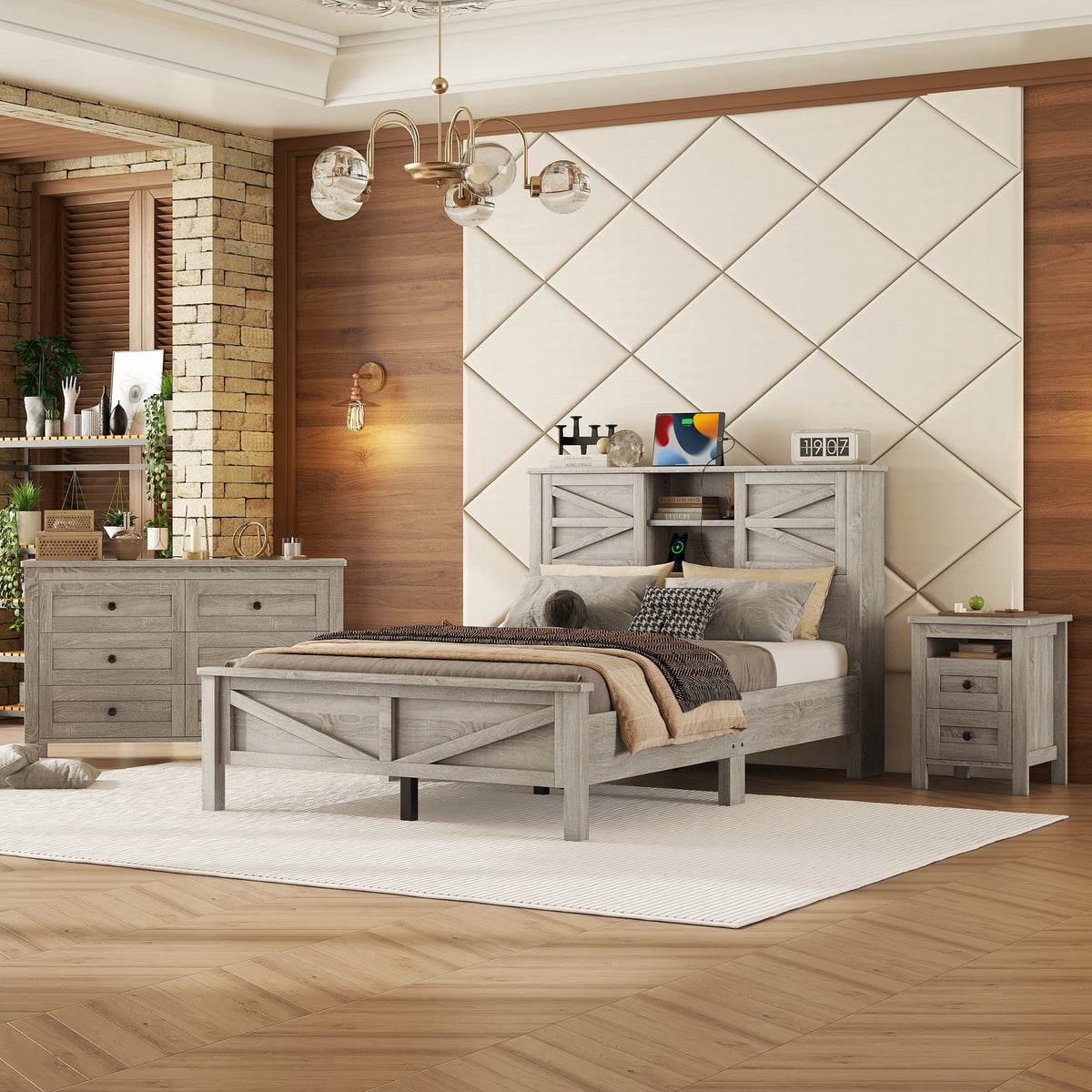 variant-group:rf-n733s369048g|Roomfitters 3 Piece Bedroom Set, Full Farmhouse Platform Bed with Sliding Headboard, Bedside Tables, Antique Gray