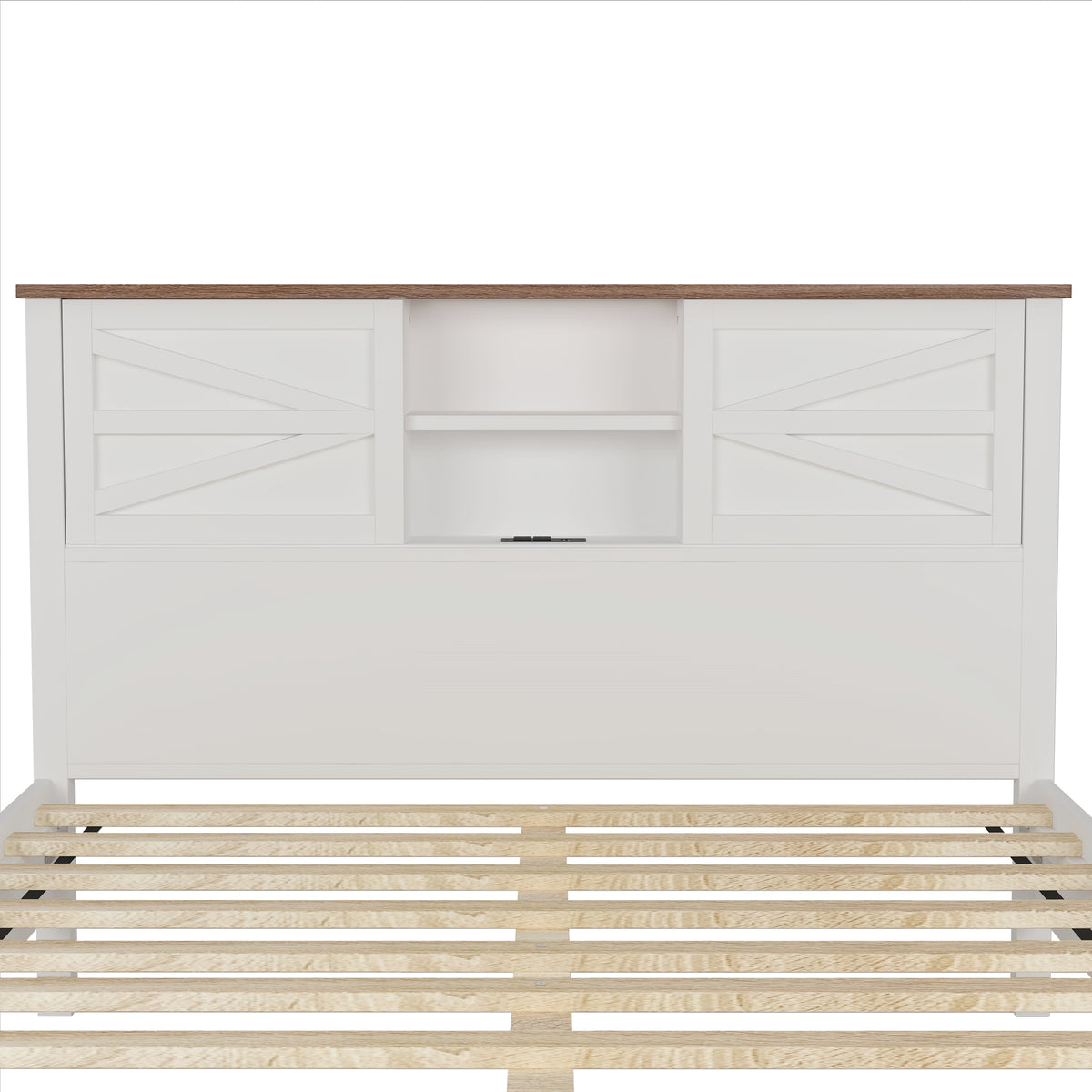 variant-group:rf-n733s369048k|Roomfitters 3 Piece Bedroom Set, Full Farmhouse Platform Bed with Sliding Headboard, Bedside Tables, White Brown