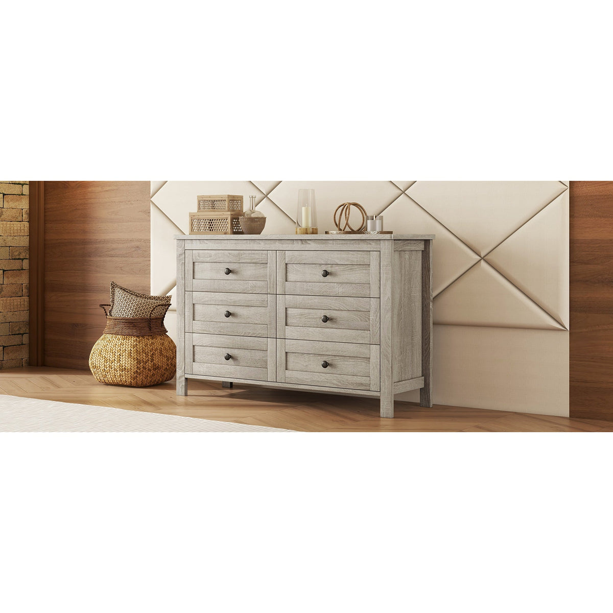 Roomfitters Modern Mirrored Storage Cabinet with Metal Handle, 6-Drawer Dresser for Bedroom and Living Room, Gray