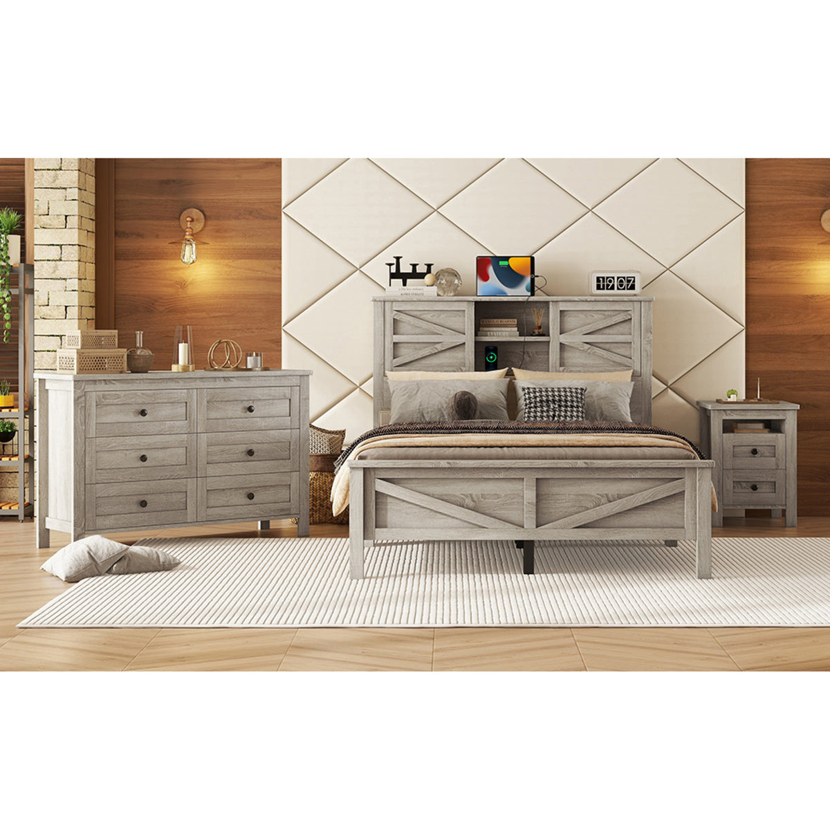 variant-group:rf-n733s369048g|Roomfitters 3 Piece Bedroom Set, Full Farmhouse Platform Bed with Sliding Headboard, Bedside Tables, Antique Gray